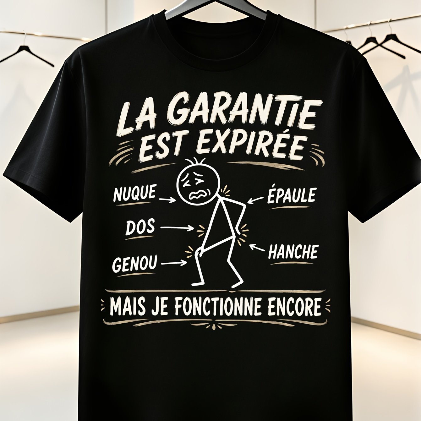 TEMU T-shirt médical vieilli et humoristique avec de douleurs corporelles "Garantie Expirée Mais Utilisable" en français