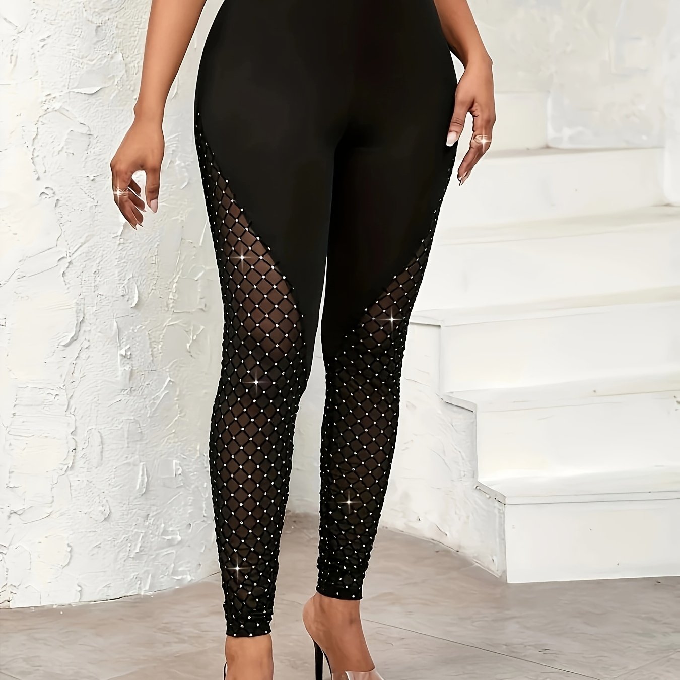E-shop Plus Size, Damen Plus Size Elegante Glänzende Mesh-Einsatz Halbtransparente Enge Hose - Länge für Abendkleider, Date Night Outfits - Frühling