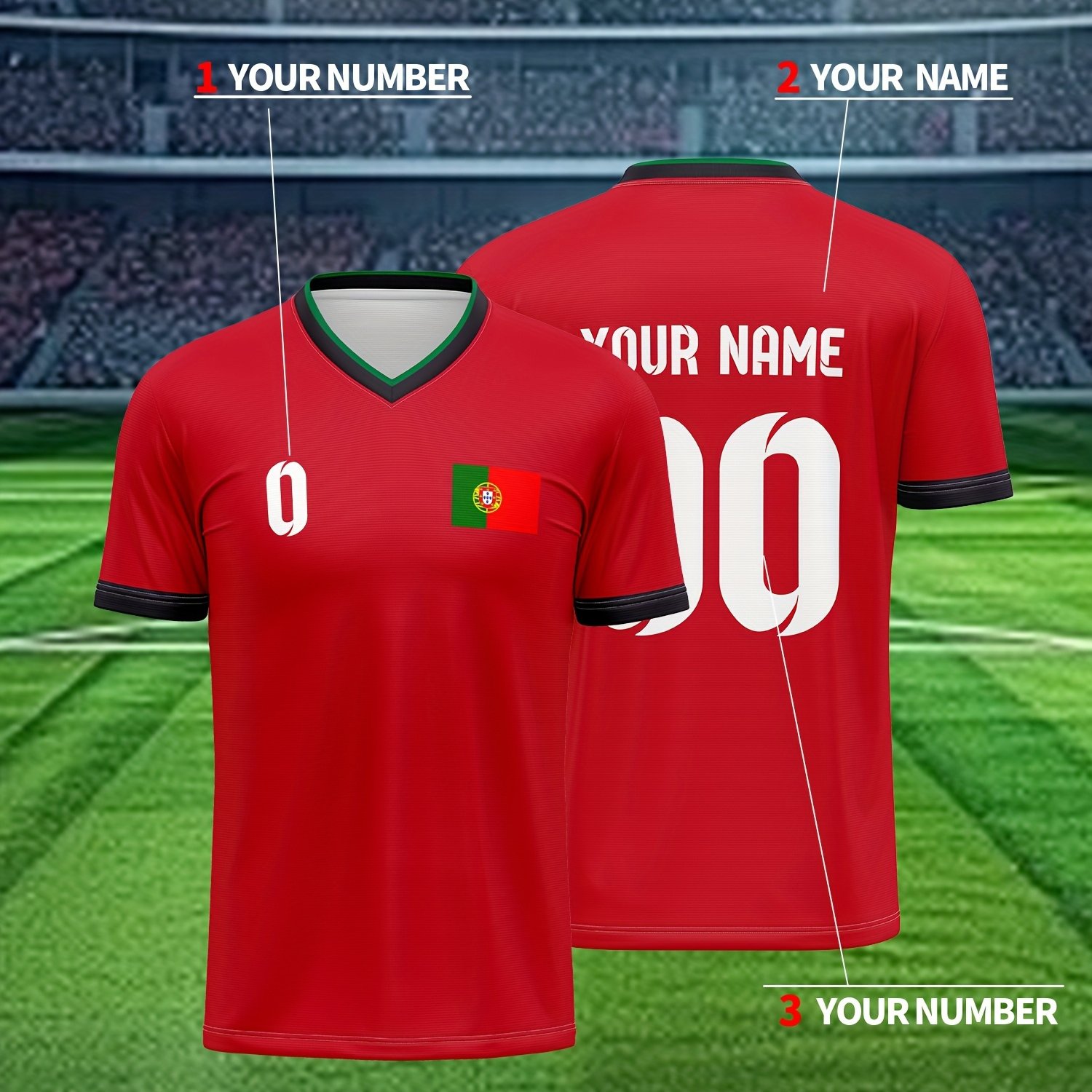 TEMU [2026 Jersey] Portugal Custom Your Own Jersey, Men's Sports Team Club Training V-neck Soccer Uniform Top With Name And Number Printed On Front