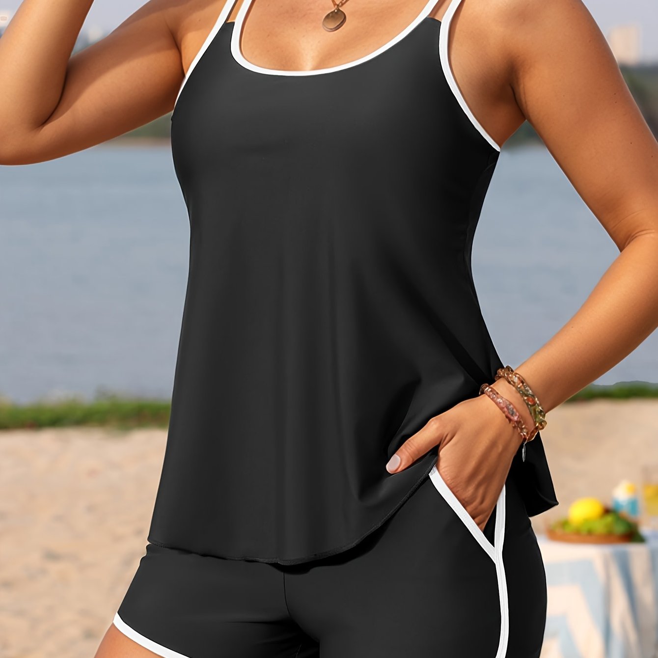 Women's Black Tankini Swimsuit, Boyleg Conservative Design, Plain Fabric Comfortable Swimsuit, Covers And Looks Thin, Beach And Vacation