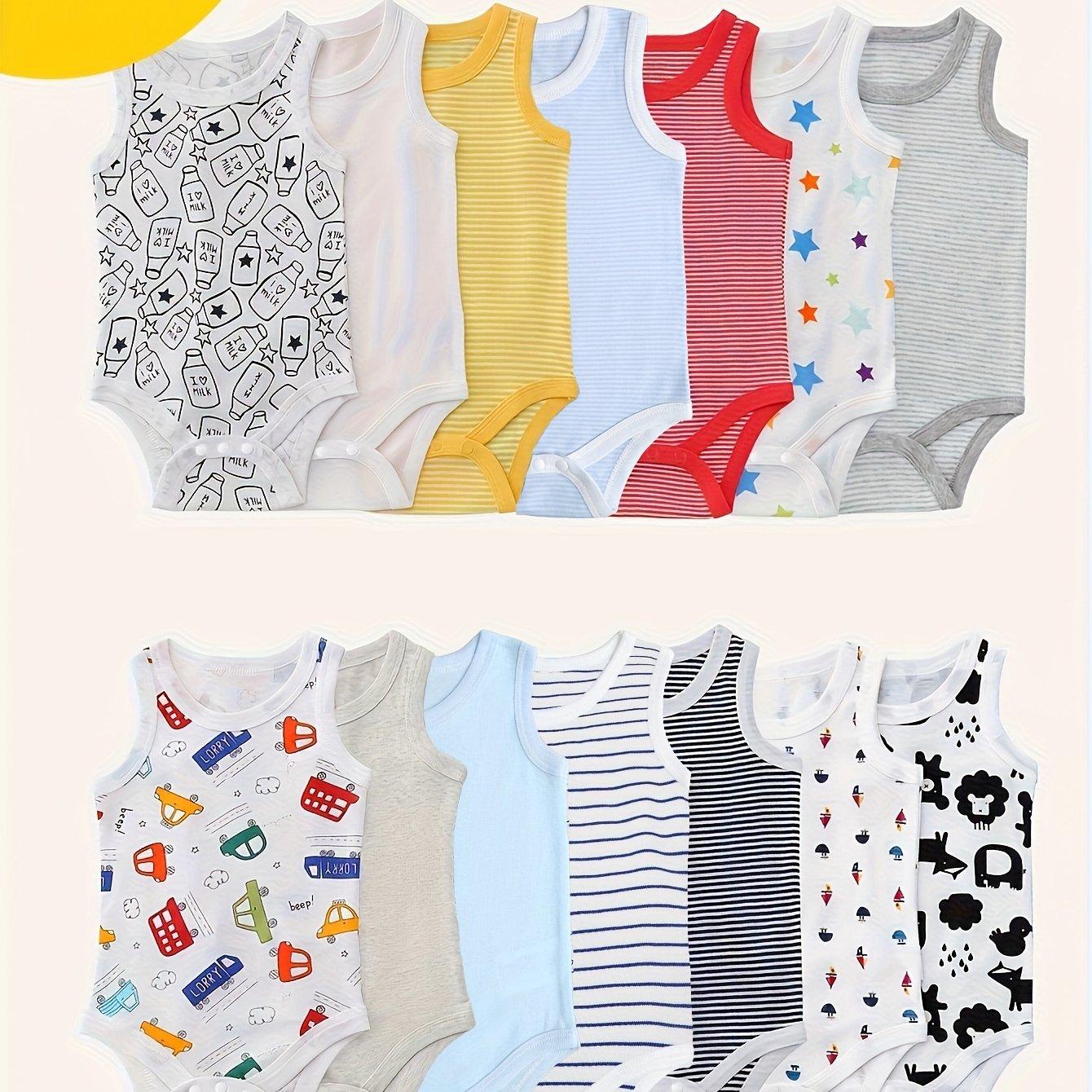 Image of 7pcs Random Color Summer Children's Vest Romper, Boys' Pure Cotton Round Neck Triangle Bodysuit, 100% Cotton Soft Comfortable Breathable Children's Clothing, The Gift For Babies, Perfect For Outdoor