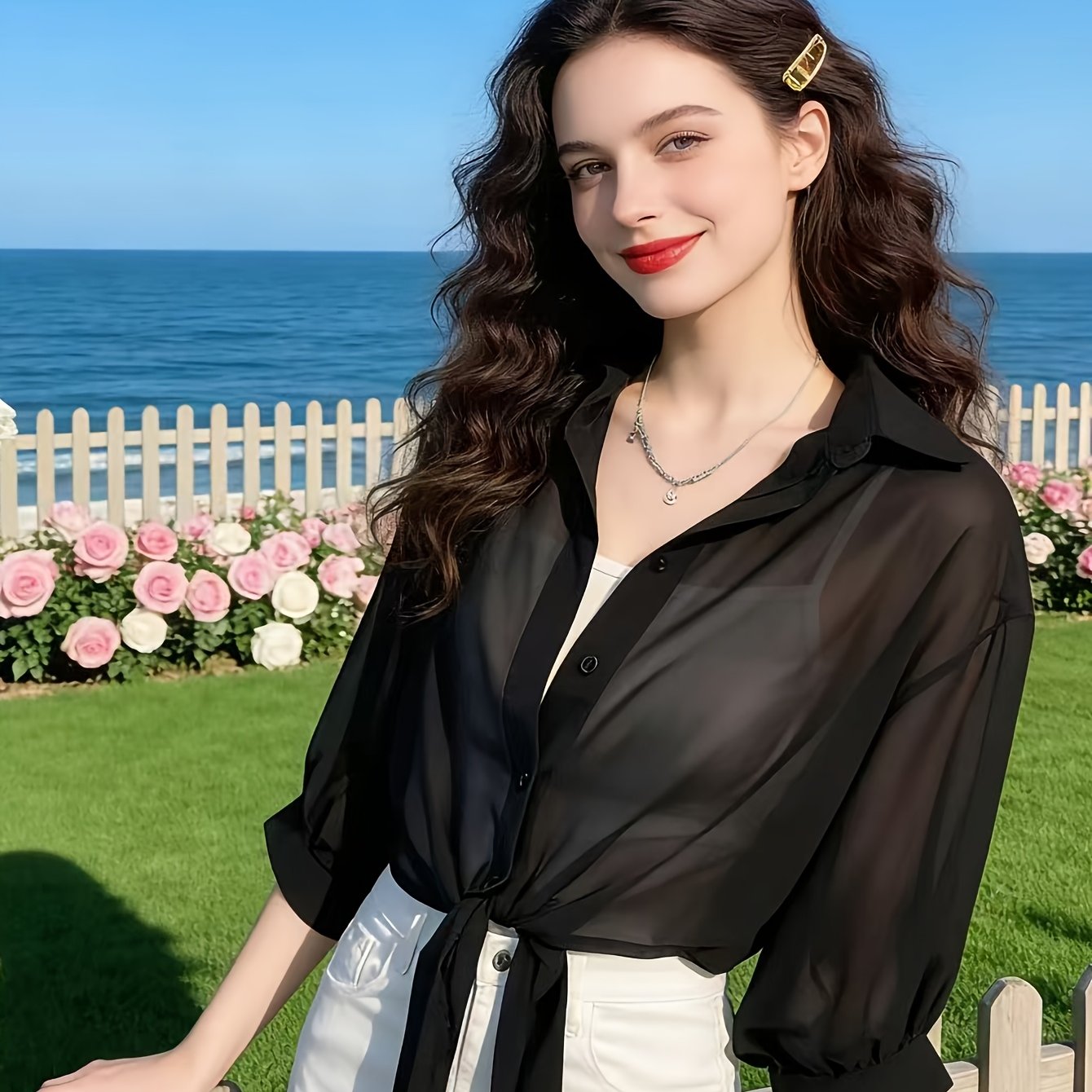 TEMU Ladies' Fashionable And Elegant Irregular Neck Summer Short Lightweight Cardigan Shawl Jacket, Perfect For Casual Beach Vacations And Holiday