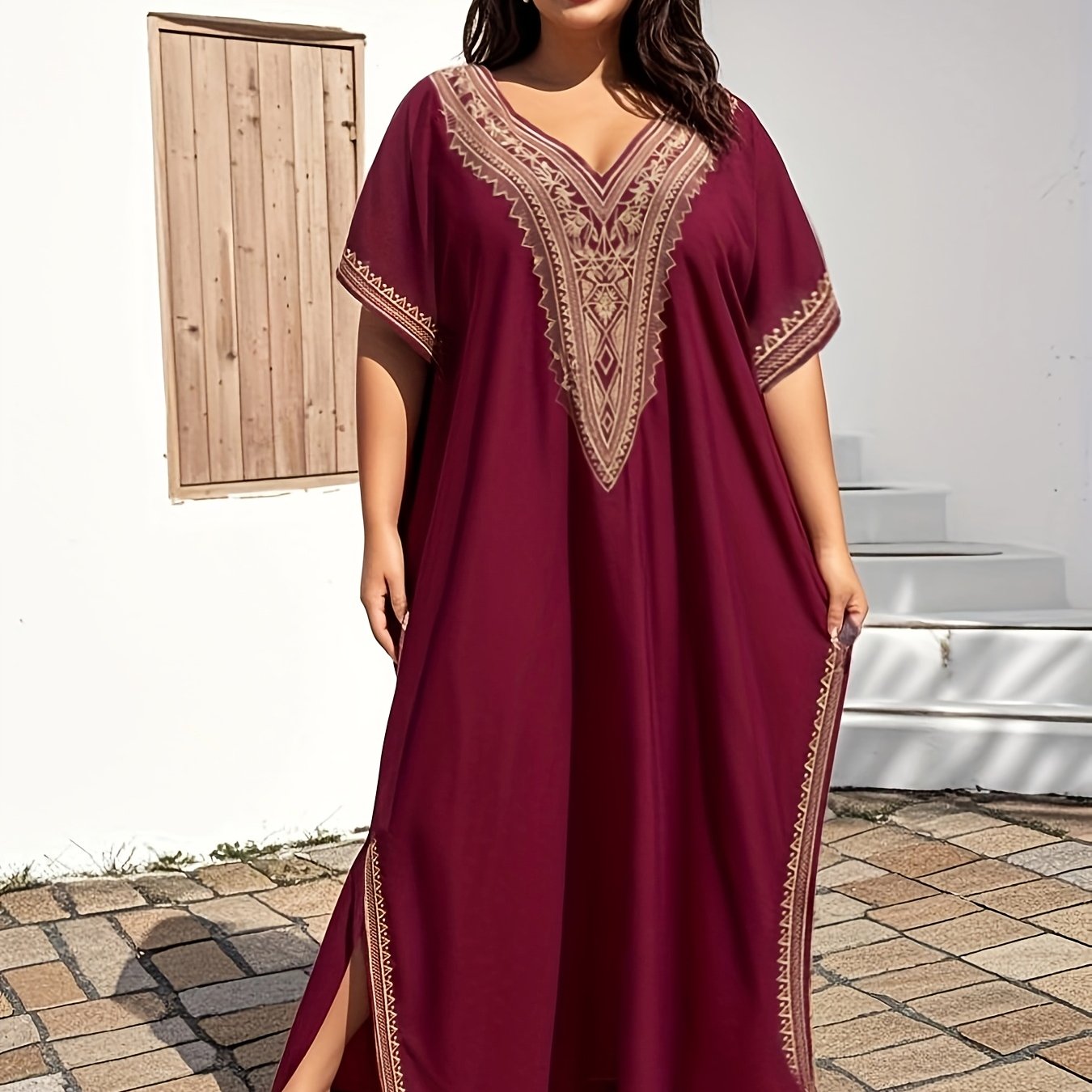 E-shop Plus Size, EDOLYNSA Damen Plus Size Vintage Kaftan Kleid - Goldene Stickerei Fledermausärmel - Maxikleid mit Kurzen Ärmeln, Strandurlaubskleid