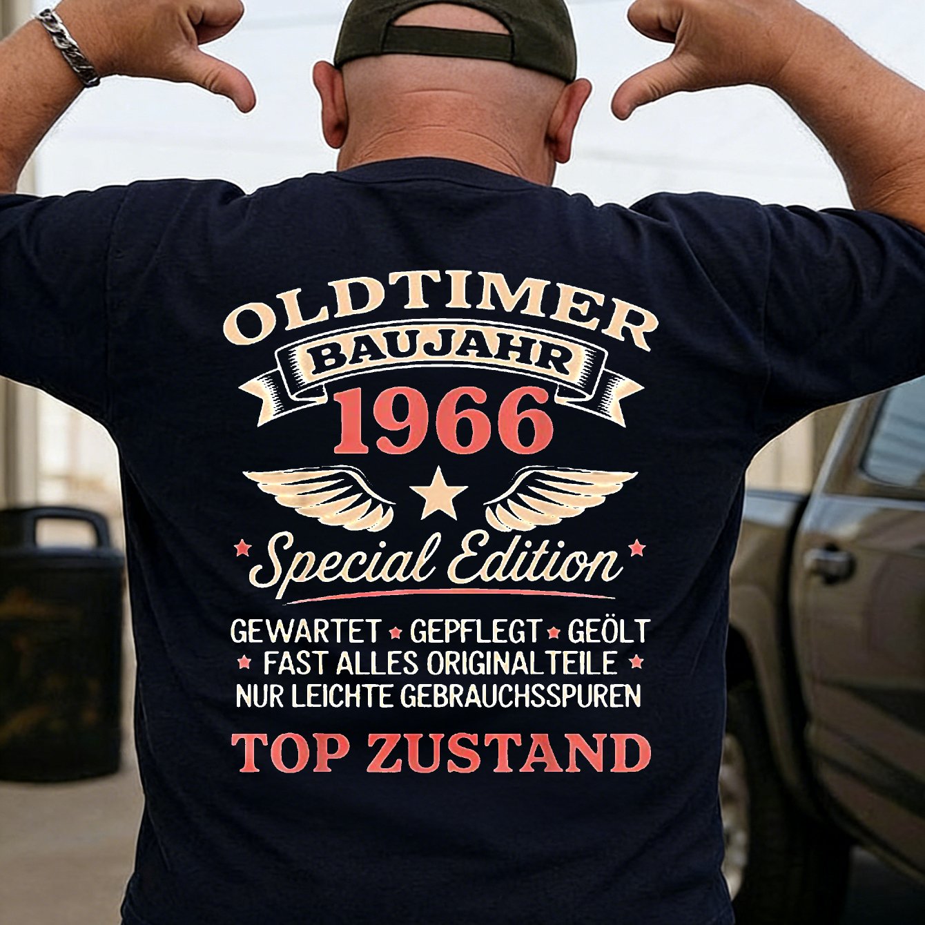 Image of Men's T-shirt Car Year 1966 Special Edition Vintage Design With Wings And Stars Text For Birthday Celebration And Casual Wear, Plus Size