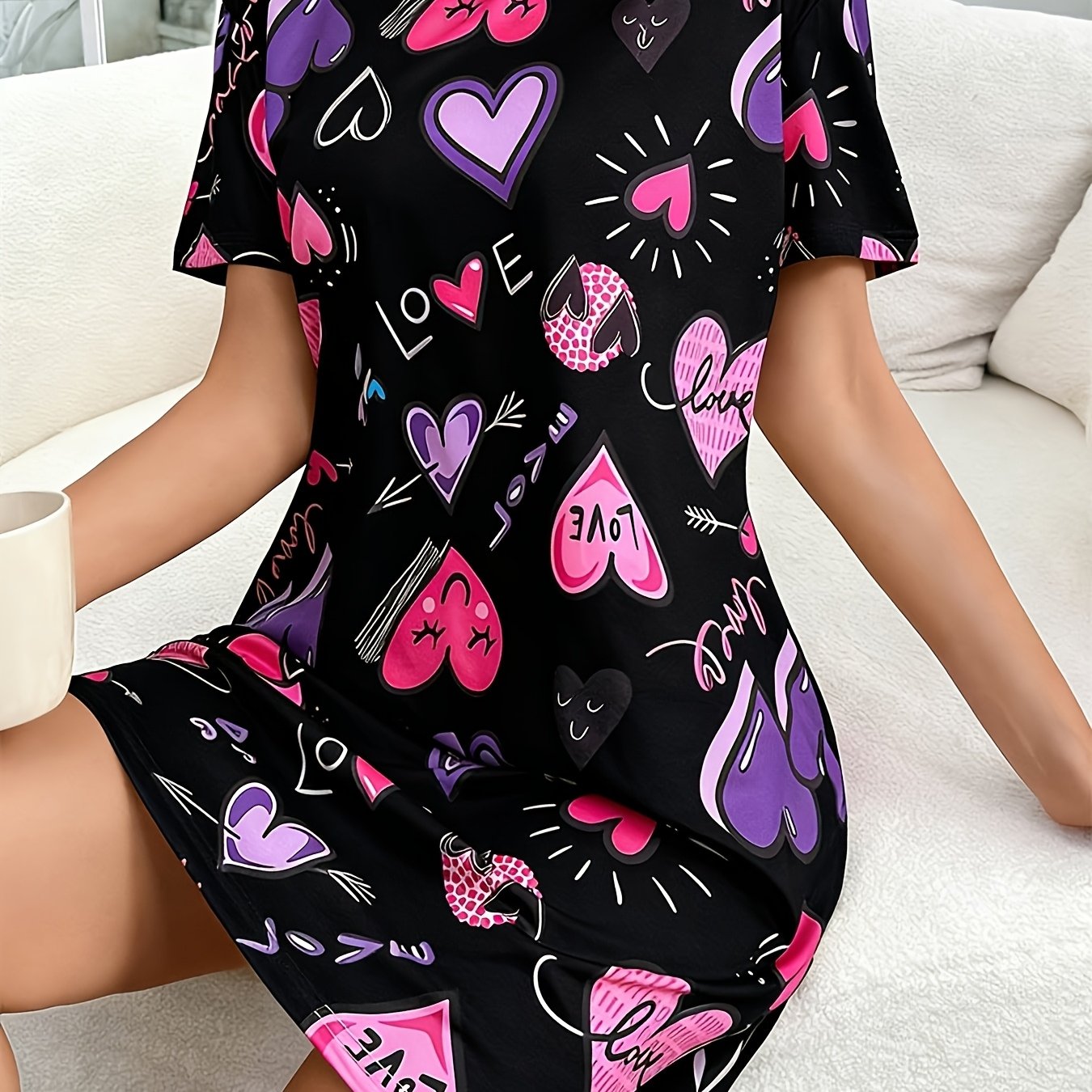 TEMU New - Heart-shaped Letter Print Round Neck Short Sleeve T-shirt Pajamas