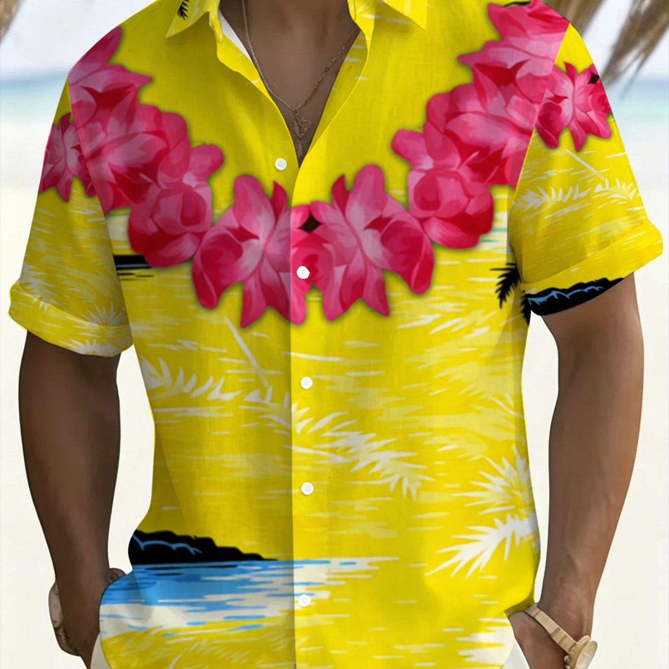 TEMU Yellow Hawaiian Size Short Sleeve Shirt, Men's Floral Print Beach Vacation Shirt, Summer Casual Top