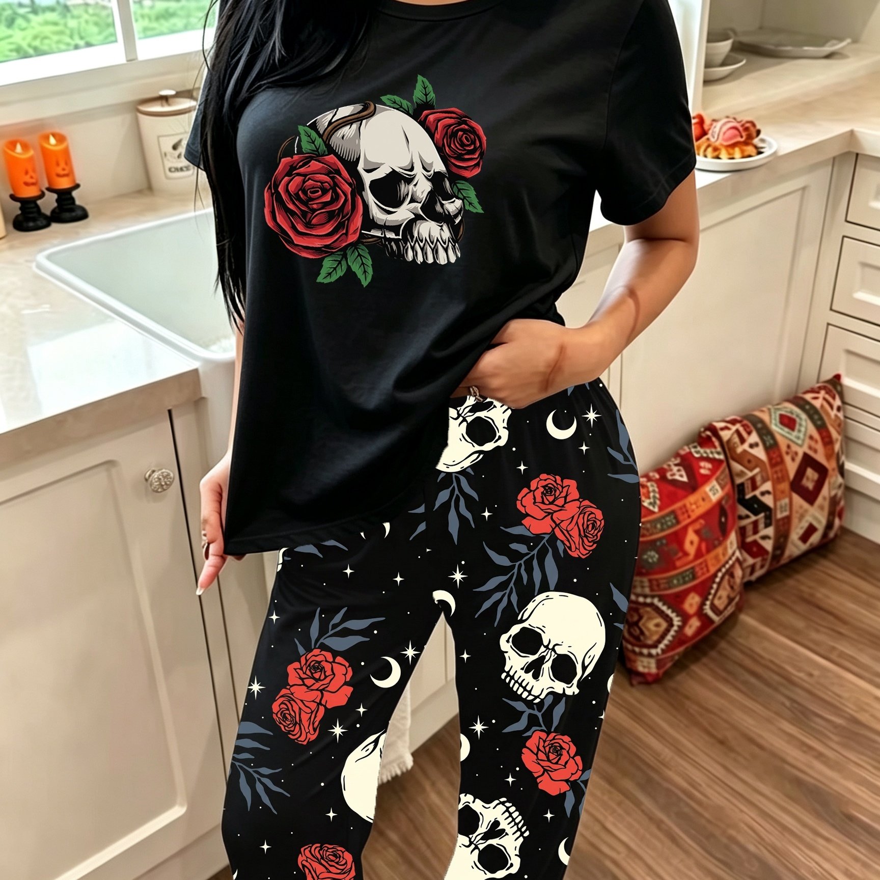 TEMU Women's Halloween Gothic Skull And Rose Print Pajama Set, 2pcs Short Sleeve Top And Long Pants Sleepwear, Casual Comfortable Soft Loungewear For