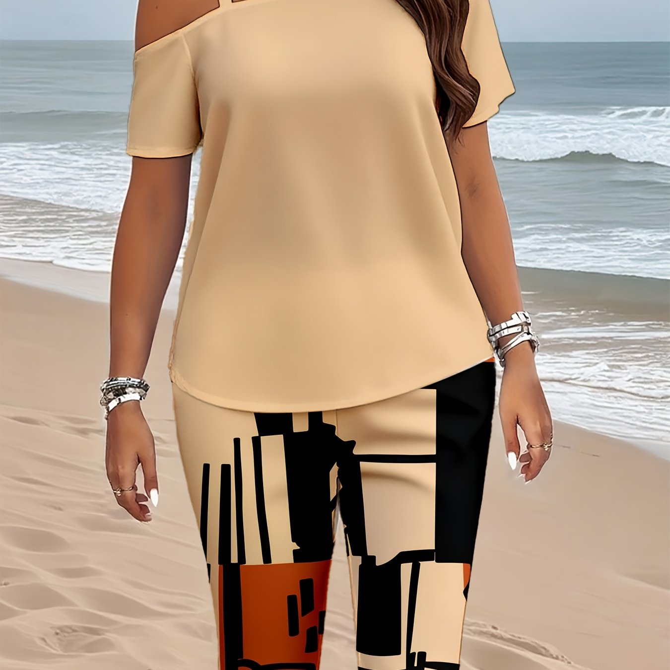 TEMU Women's Trendy Full Print Abstract Short-sleeved Shorts Set One-shoulder Off-the-shoulder Capri Pants, Orange Black Geometric Pattern Casual