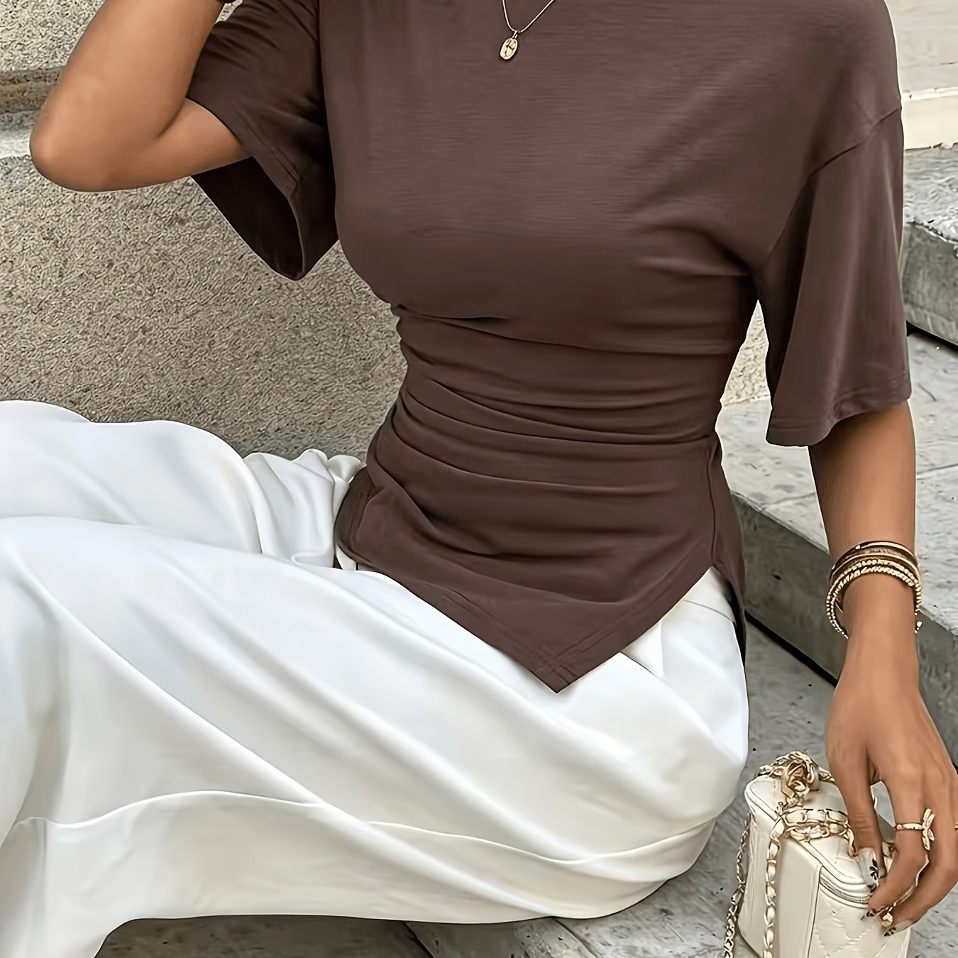 TEMU Women's New Summer Style Simple Casual Fashion Solid Color Asymmetric Hem Slim Fit T-shirt Top