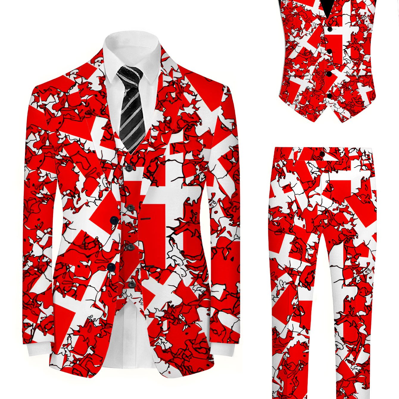 TEMU Men'-piece Suit Set Consisting Of A Vest, Blazer, And Trousers Abstract Style, Featuring Print With Red And White Patterns, Suitable For Classic