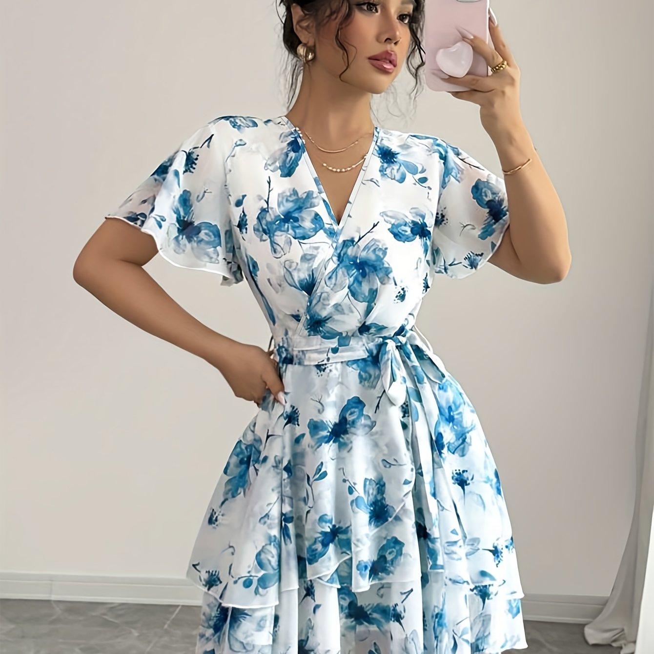 Image of Women's Casual V-neck Sleeve A-line Dress With Floral Print & Waist Tie Belt - Lightweight Breathable Machine Washable For Spring Summer Fall, Seasonal Fashion, Nontransparent Fabric