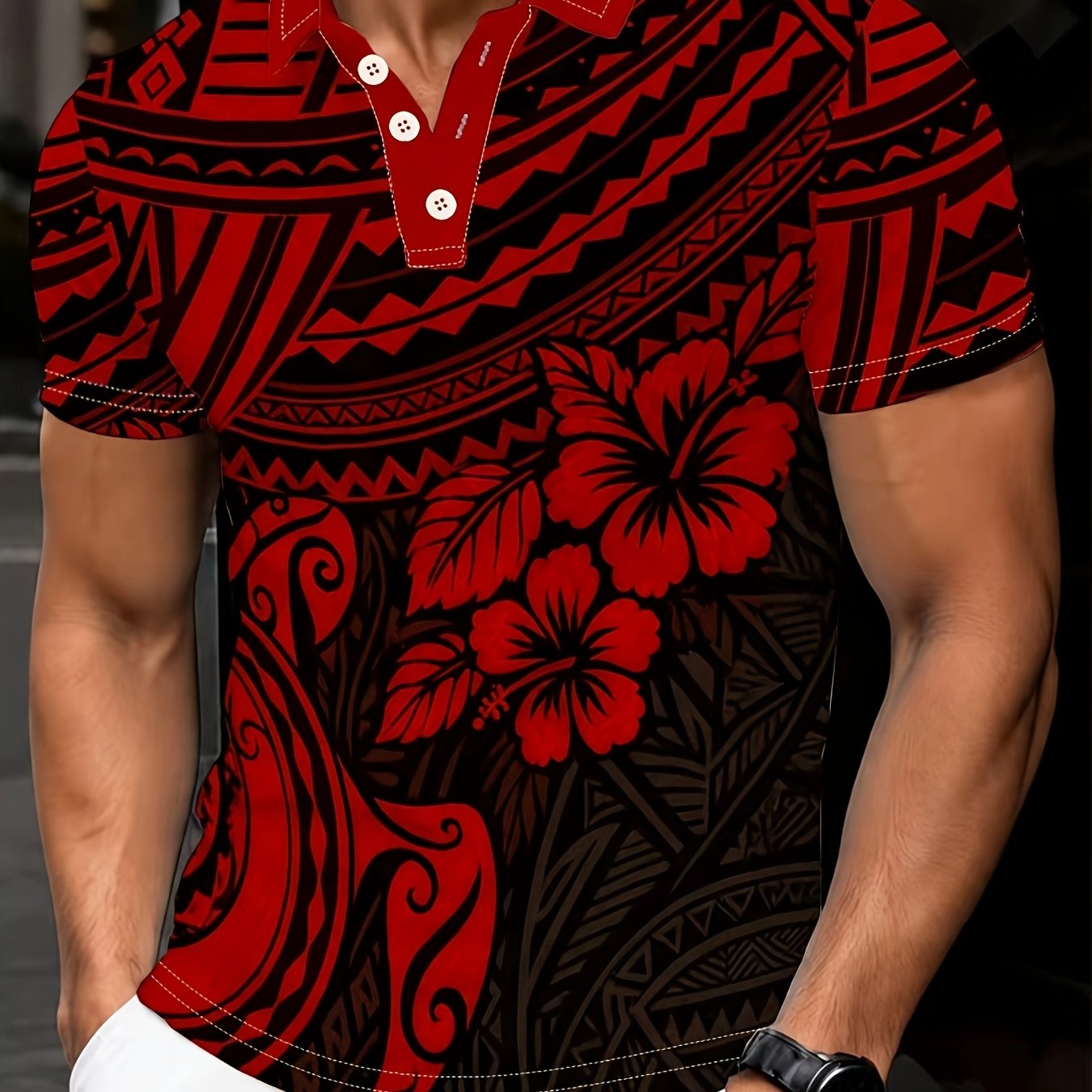 TEMU Men's Casual Shirt, Red Hawaiian Tribal Polynesian Print, Yellow Flower Mango, Summer Beach Vacation Wear [print Design - Not Textured]