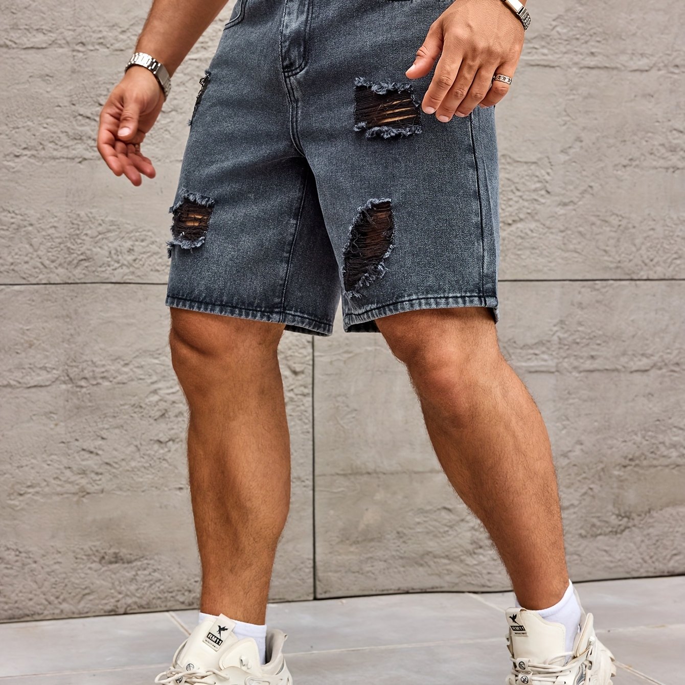 Image of Men's Distressed Casual Denim Shorts - Relaxed Fit Knee-length With Ripped Details, Machine Washable, Functional Pockets & Solid For Casual Attire, Ripped Jean Shorts, Summer Clothing