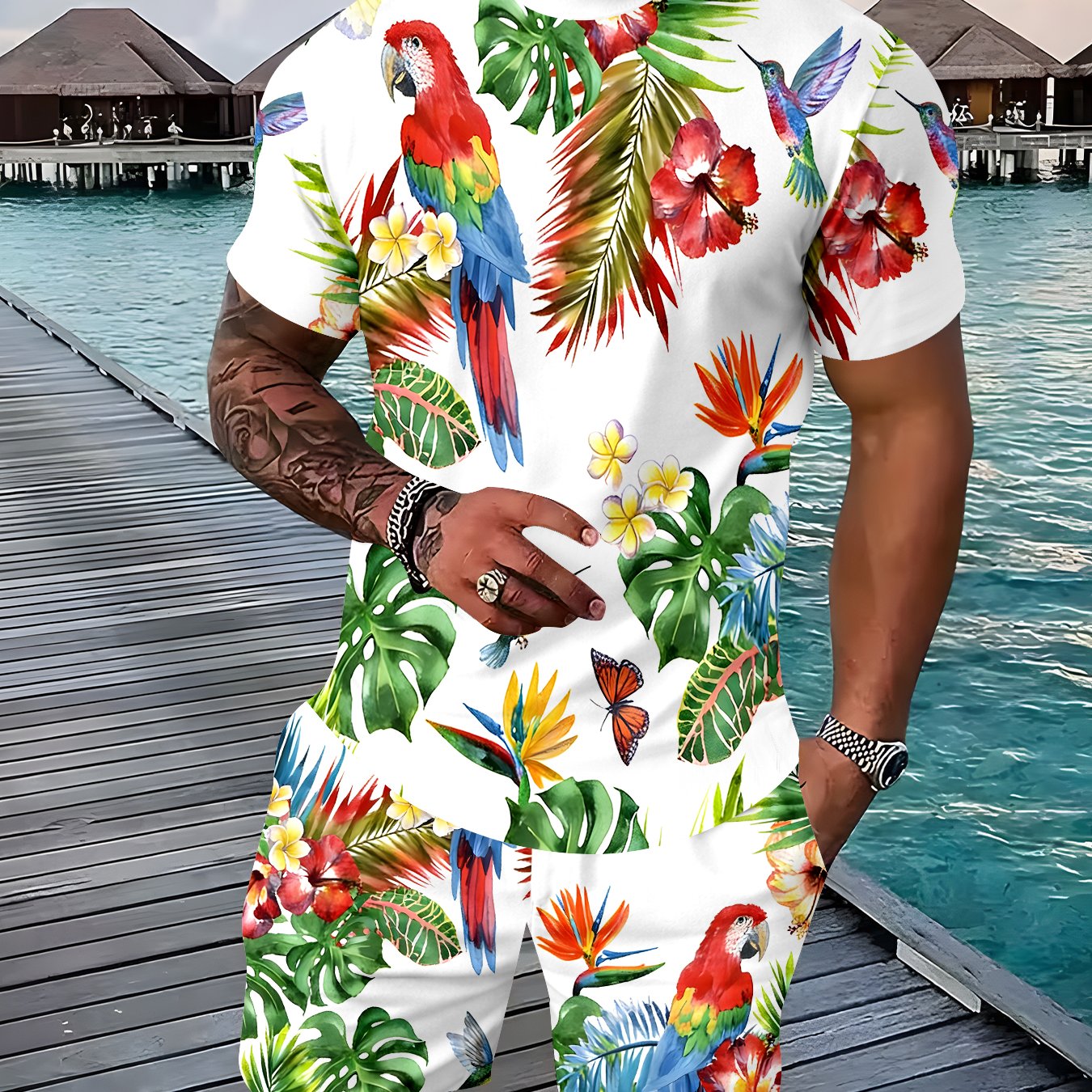 TEMU [Design Imprimé – Non Texturé] Ensemble T-shirt et short décontracté pour homme, col rond tendance, base blanche baroque et imprimé complet de