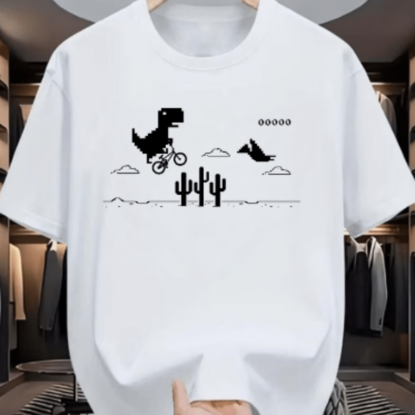 TEMU Nostalgic Print Versatile Men's Crew Neck Short-sleeve Top, Blending Chrome Browser Offline Dinosaur Pixel Elements With Cycling, , , And Other
