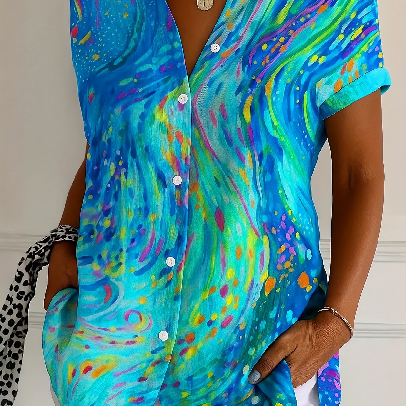 Plus Size, Women's Casual Fashion Commuter Art Gradient Print Button-up Short Sleeve Shirt