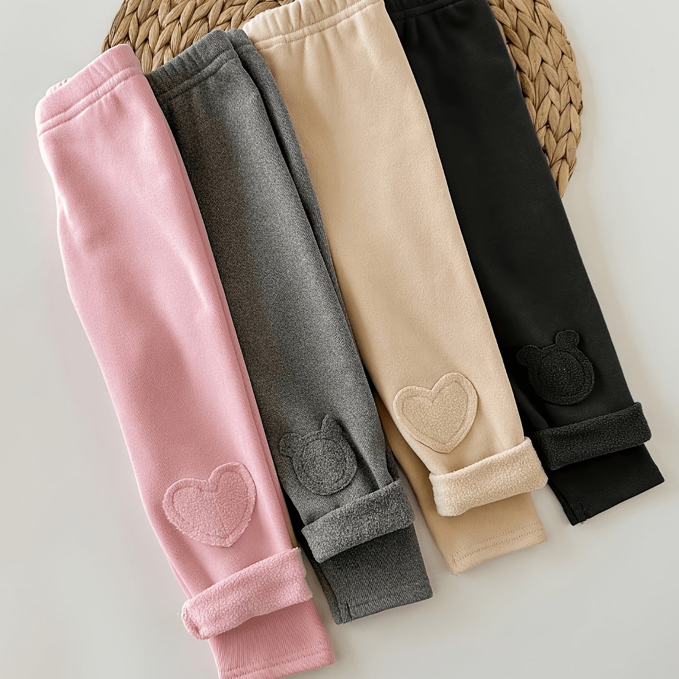 TEMU 4pcs Set Girls' Cute Knit Heart Pattern Leggings Light Pink Autumn Winter Thick Fleece Warm Base Tights Warm Trousers Suitable For School And
