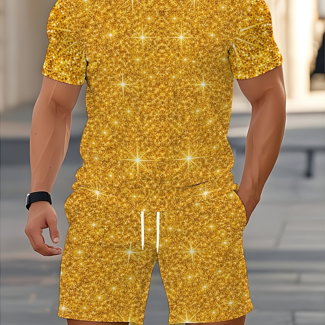 TEMU Men's Summer Shiny Golden Casual Set With Short Sleeve T-shirt And Shorts, Trendy, , And Breathable Outfit, Plus Size