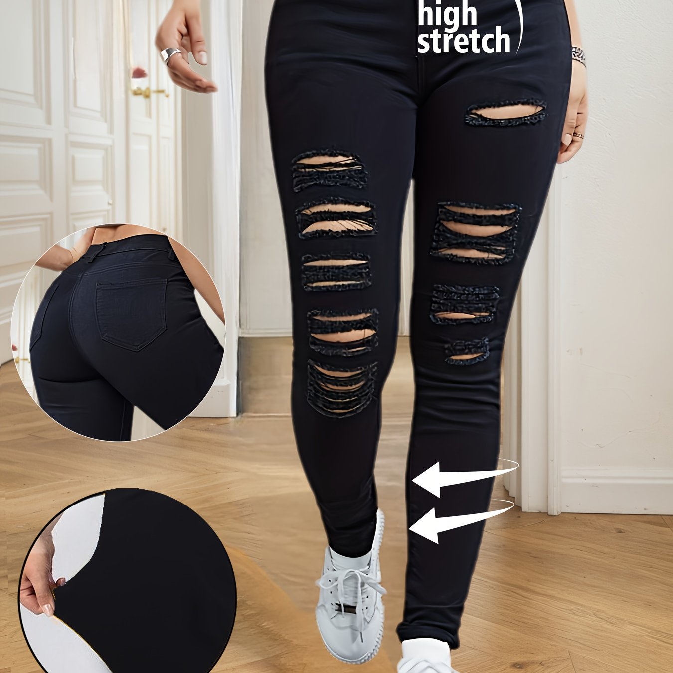 Black Stylish Stretchy Ripped Skinny Pants Denim Jeans