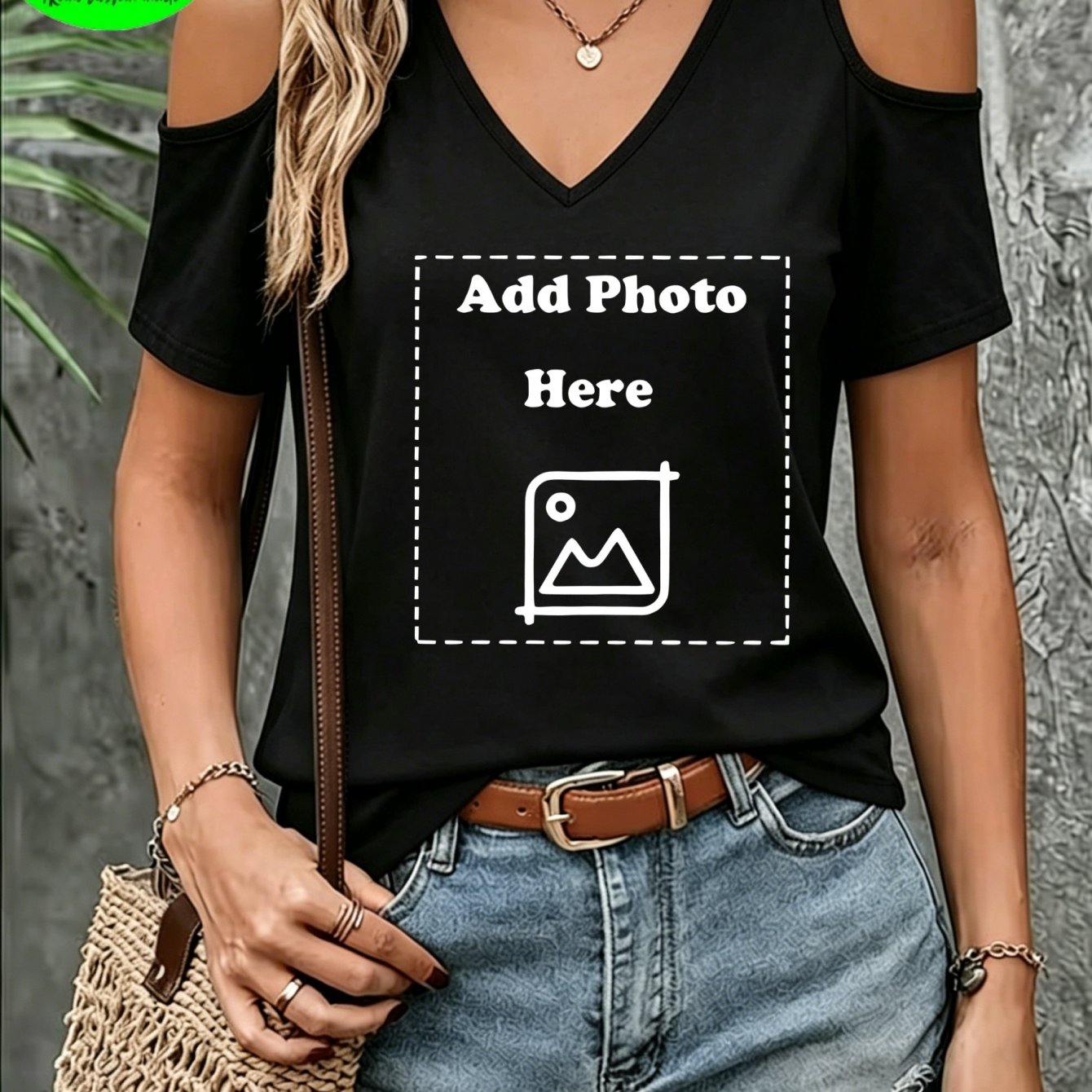 TEMU Women's Custom Photo Cold Shoulder T-shirt, Personalized V-neck Short Sleeve Top, Add Your Own Image Casual Tee, New Arrival Solid Color Loose