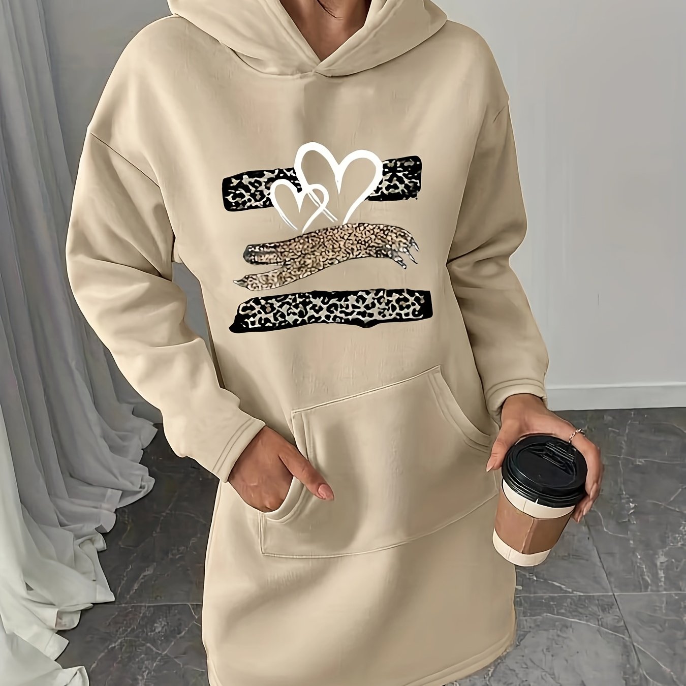 Autumn And Winter Fleece Hoodie Dress With Fashion Trend Print Kangaroo Pocket, Women's Casual Dress, Women's Casual Hoodie