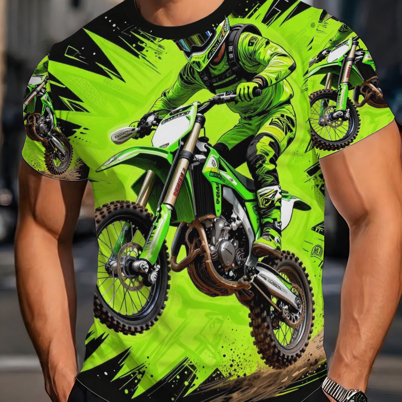 TEMU Fluorescent Green Motorcycle Rider T-shirt - Neon Biker Print Short Sleeve Round Neck Top, Casual Streetwear Suitable For Off-road Riding &