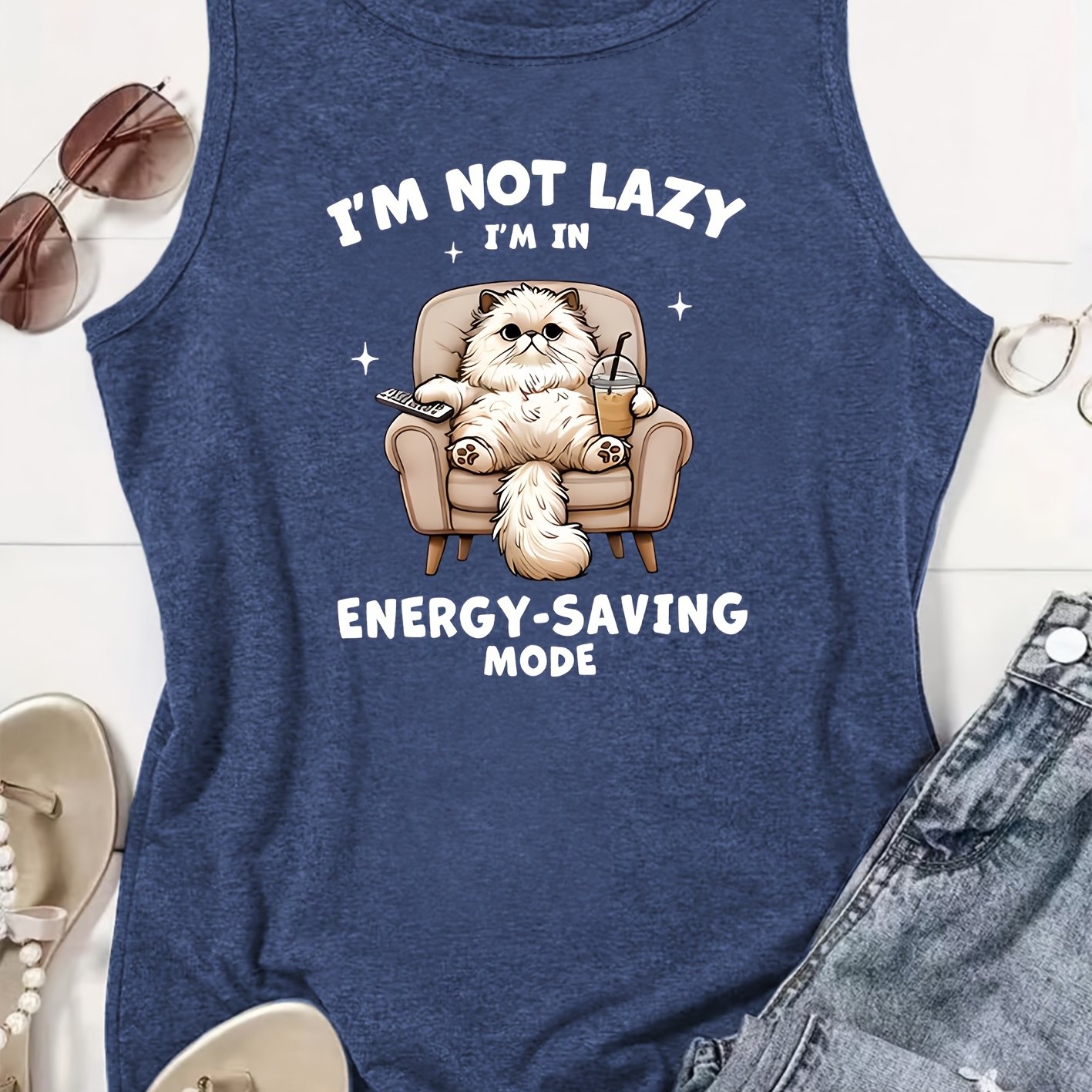 TEMU Elegant Women's Gift " Lazy, I' Energy- Mode" Cat Print Round Neck Sleeveless Vest For Spring, Summer, And Autumn, Fashionable Versatile Vintage