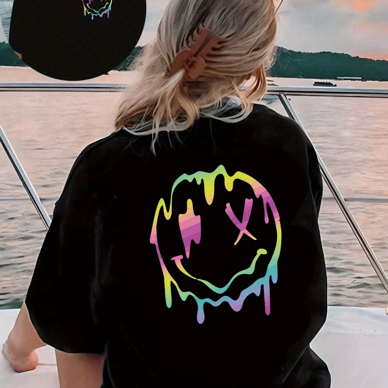 TEMU Women's Black Gradient Print T-shirt - Graphic Casual Round Neck Short Sleeve Top, Breathable Spring Summer Casual Attire, Machine Washable
