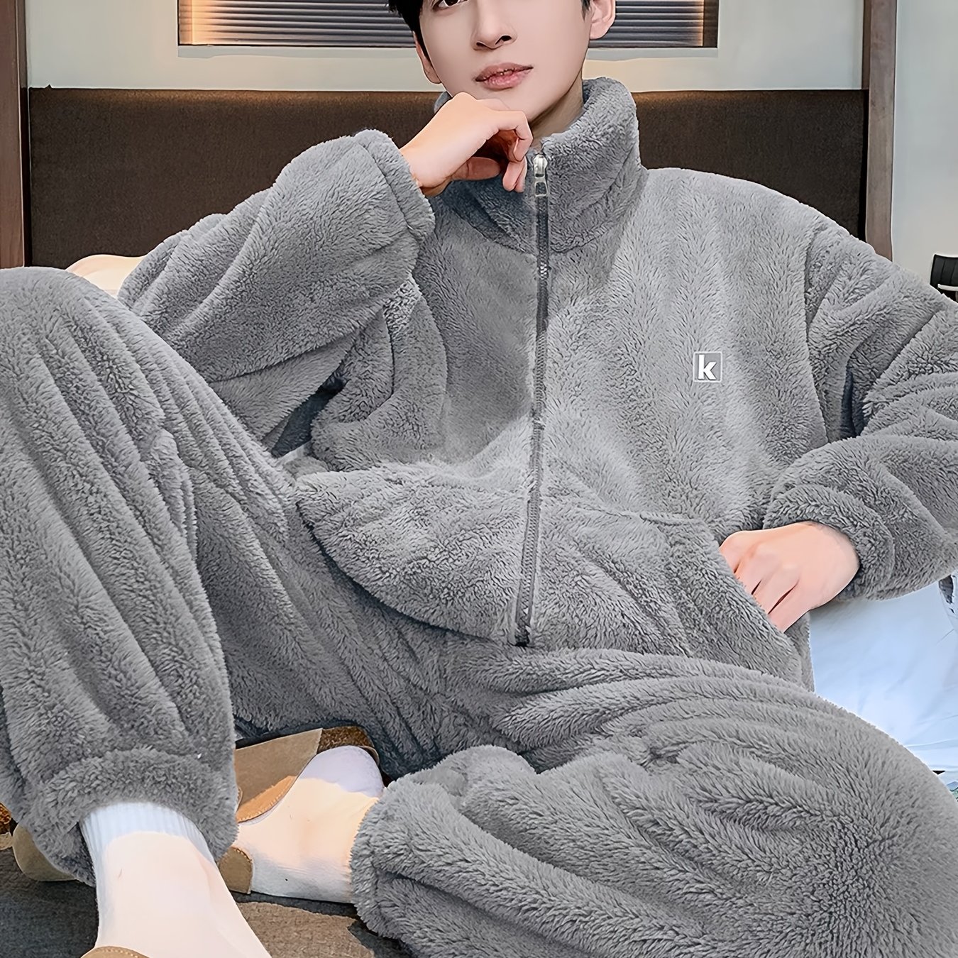 TEMU Men's Minimalist Style Casual Pajama Set, Warm Flannel Loungewear, Long-sleeve Crew Neck Top And Loose Pants Pajama Set, Autumn/winter Outdoor