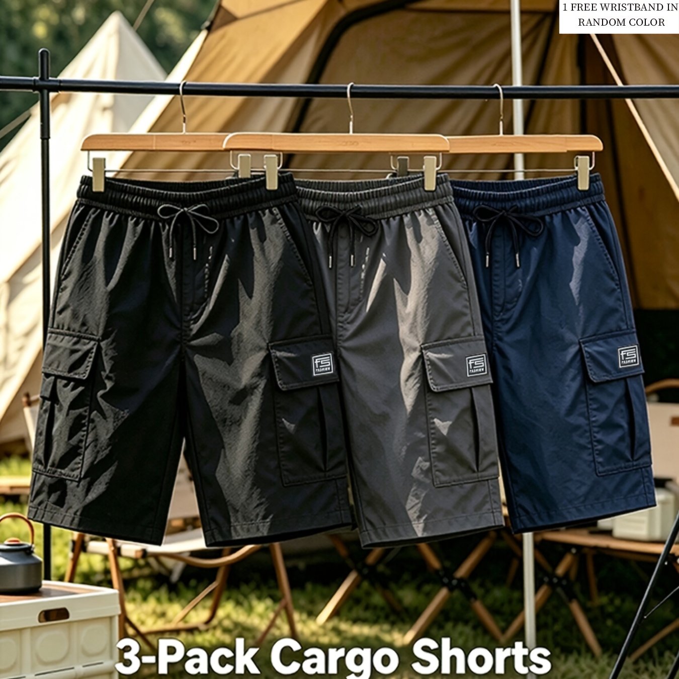 Men's 3-pack Cargo Shorts - Quick Dry Breathable Tactical Style, Elastic Waist Fit, Durable For Hiking, Work, Gym & Daily , With Free Wristband (1pc)