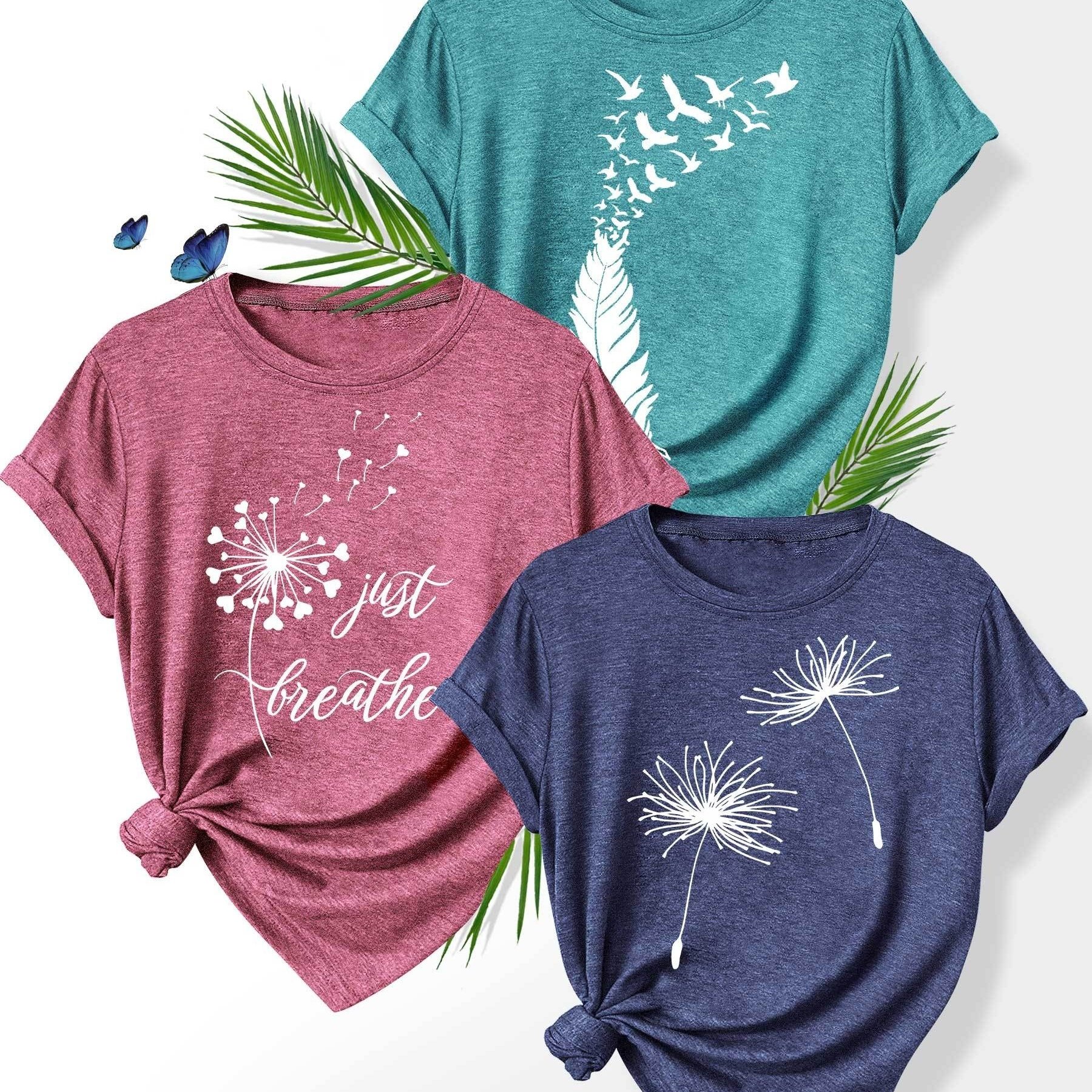 TEMU Three-piece Set Of Floral Series For Home, Featuring Sister Outfits With Line Art, English Letters, Dandelion Flowers, And Prints. Vintage Style