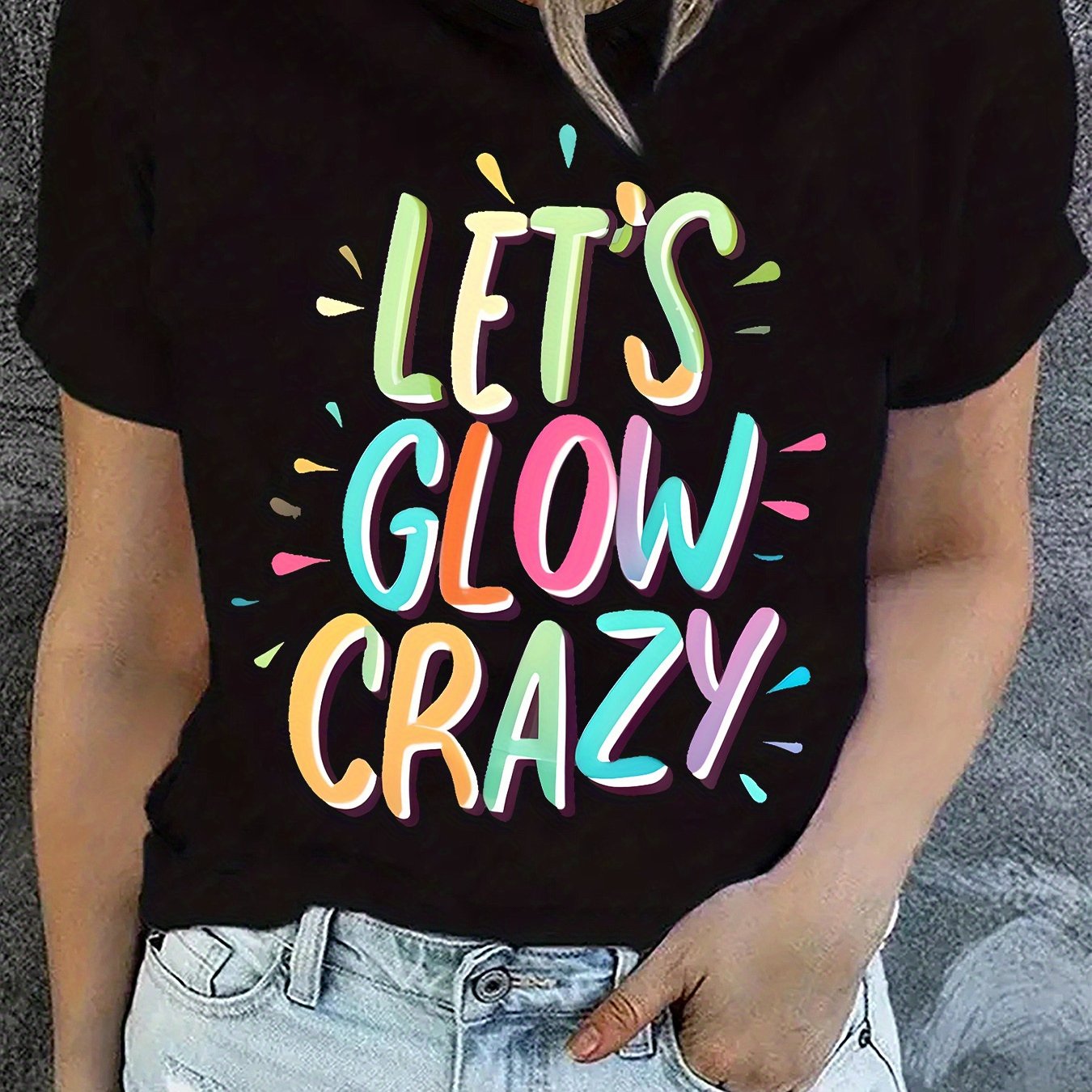 TEMU Women's Print T-shirt - Short Sleeve Crew Neck Summer Top With Glow-up Slogan, Casual Spring/summer Blouse For Casual Attire & Outfits - Machine