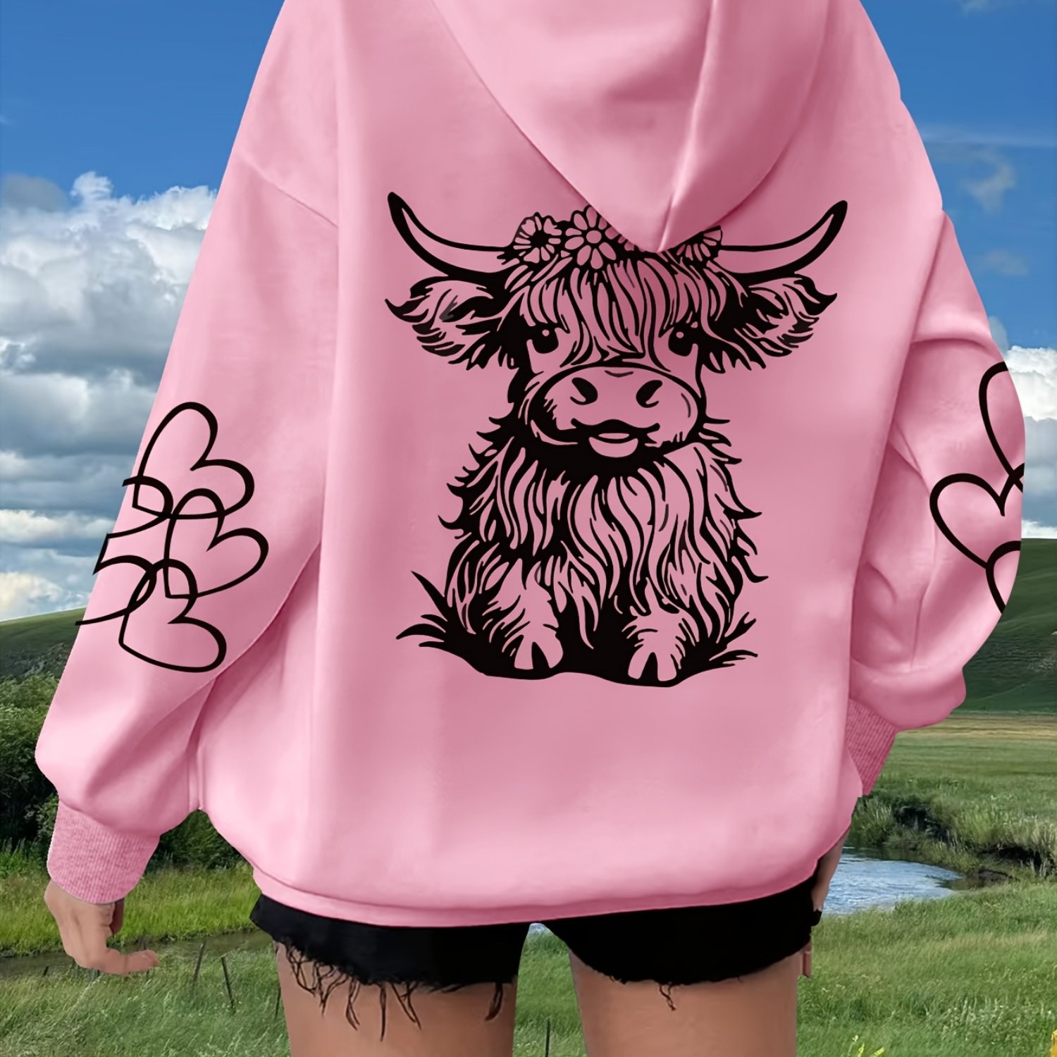 TEMU Plus Size - Women's Plus Size Cow Print Hoodie, Casual Drawstring Long Sleeve With Kangaroo Pocket Sweatshirt, Women's Large Size Clothing