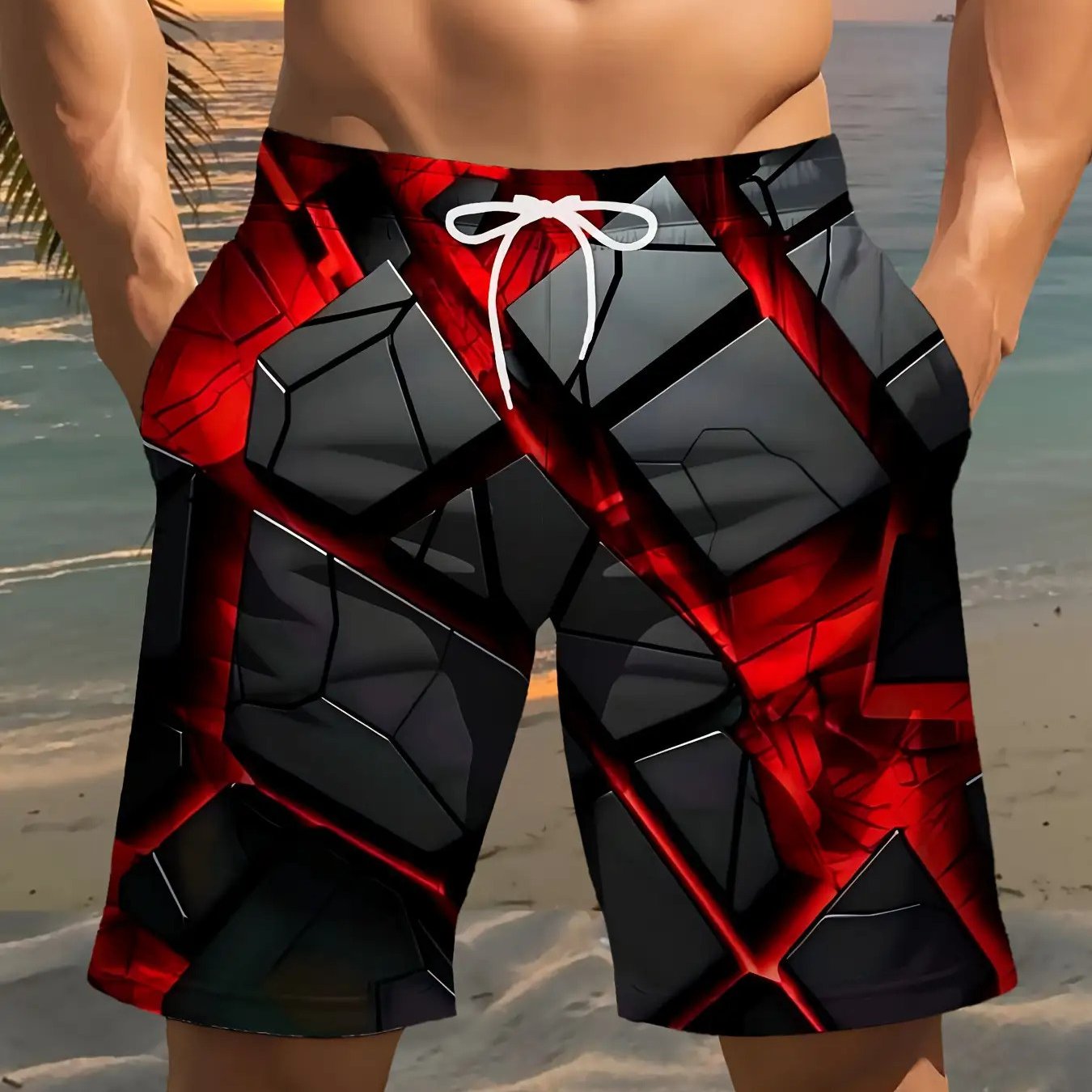 TEMU Adjustable Drawstring Waistband, Lightweight Swim Trunks, Suitable For Gym, Pool, Travel - Black/red Non-stretch Casual Cricket Shorts, Camping