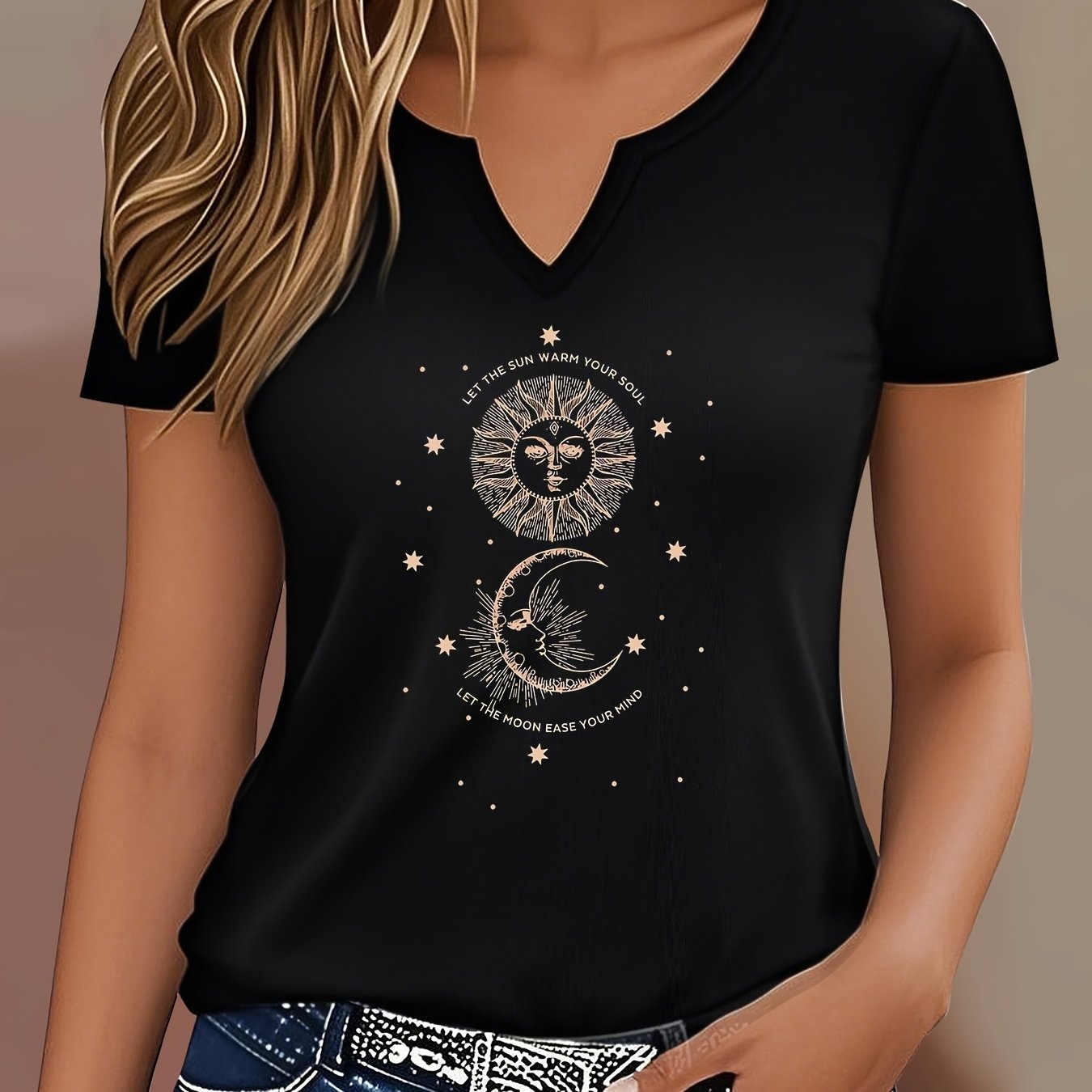 TEMU Letter Print T-shirt, Short Sleeve V Neck Casual Top For Summer And Spring, Women's Clothing