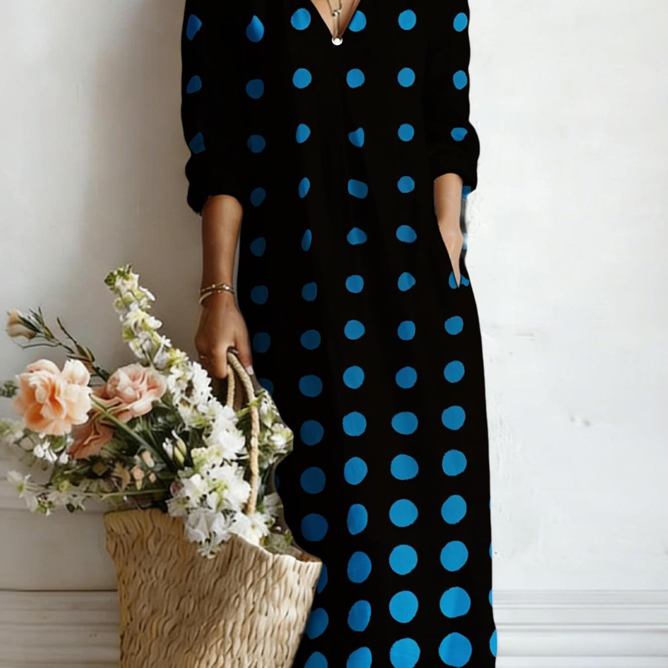 Image of Plus Size - Vintage Large Blue Polka Dot V-neck Three-quarter Sleeve Long Dress