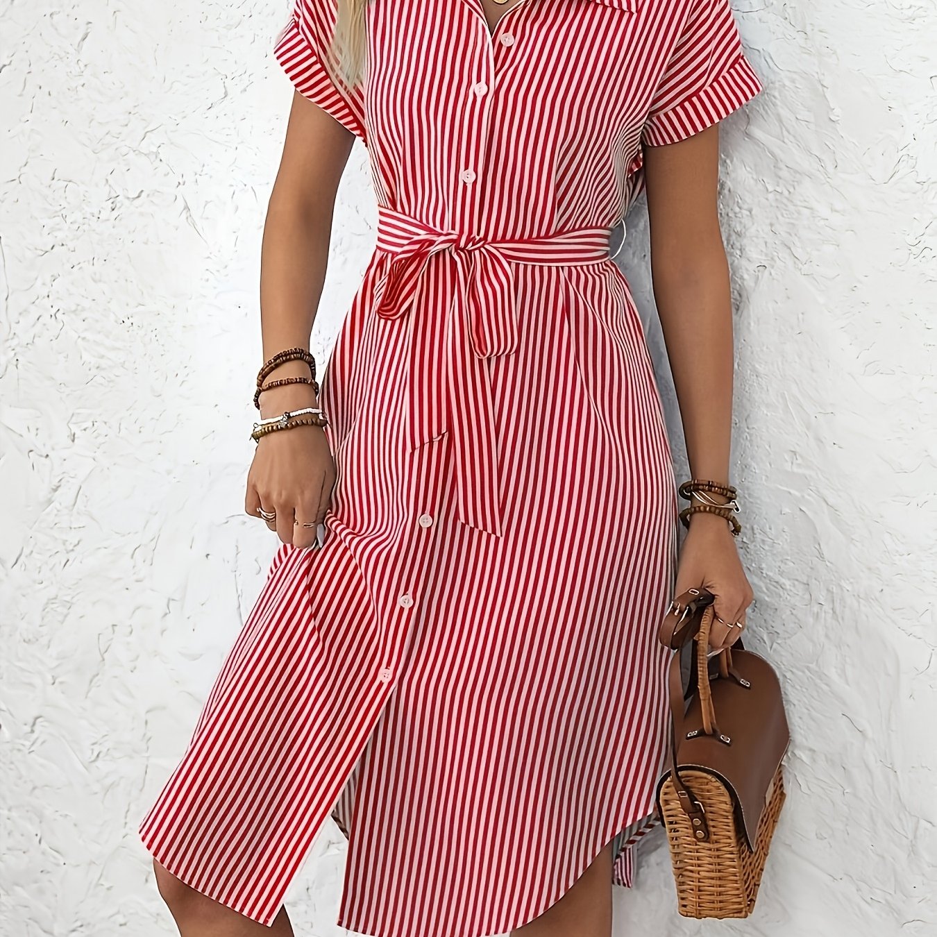 TEMU Women's Red And White Striped Dress; Women's Spring/summer Lapel Tie Shirt Dress, Batwing Sleeve Casual Midi Shirt Dress, Suitable For Commuting