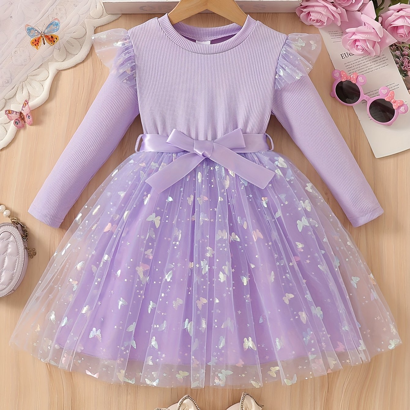 Coviviky Girls' Autumn Elegant Fashion Dress With Flutter Sleeves, Long Sleeve, Colorful Mesh With Belt, Suitable For Daily Casual Birthday Parties