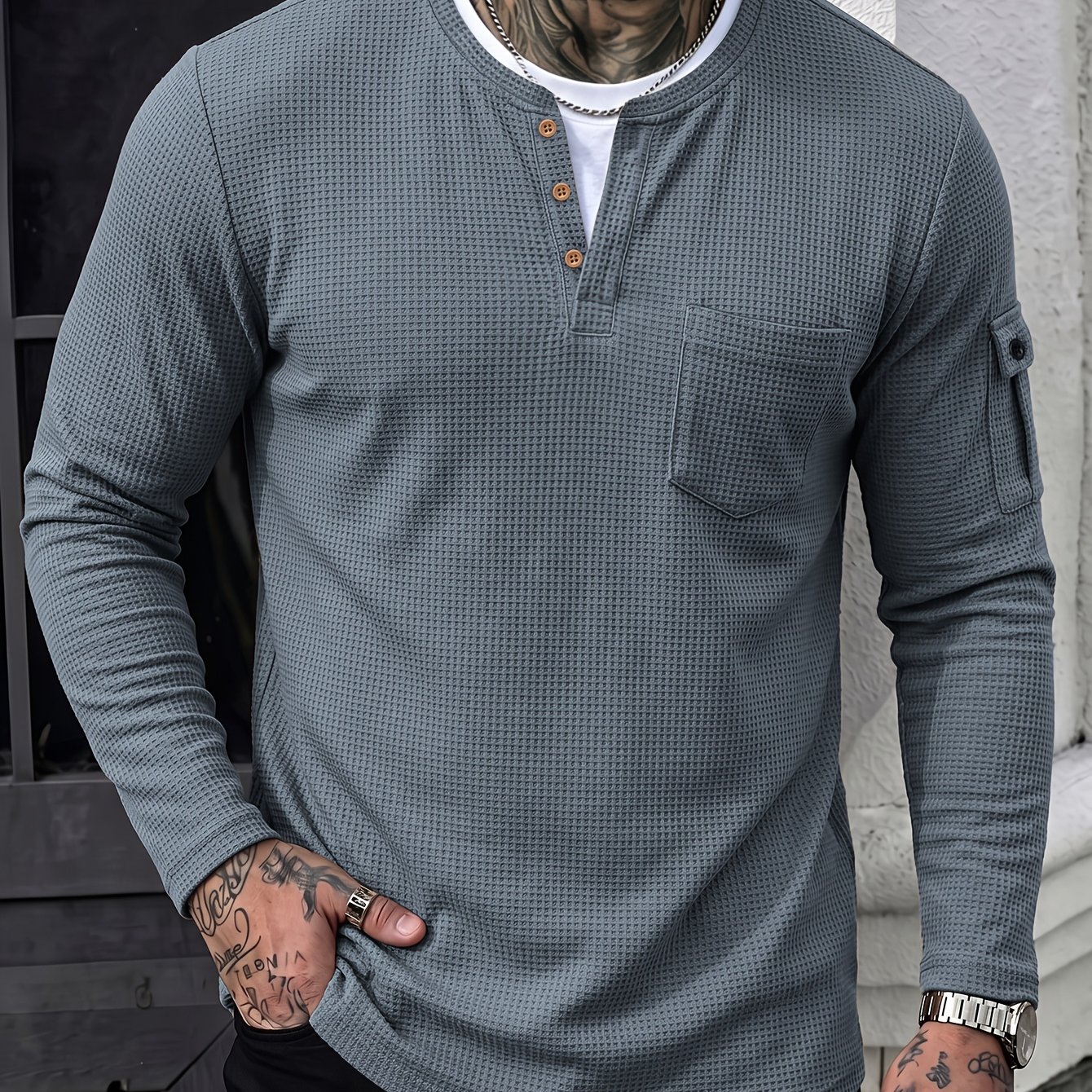 TEMU Spring/autumn Men's Waffle Knit Henley Shirt, Style 2pcs Long Sleeve T-shirt With Arm , Casual Top