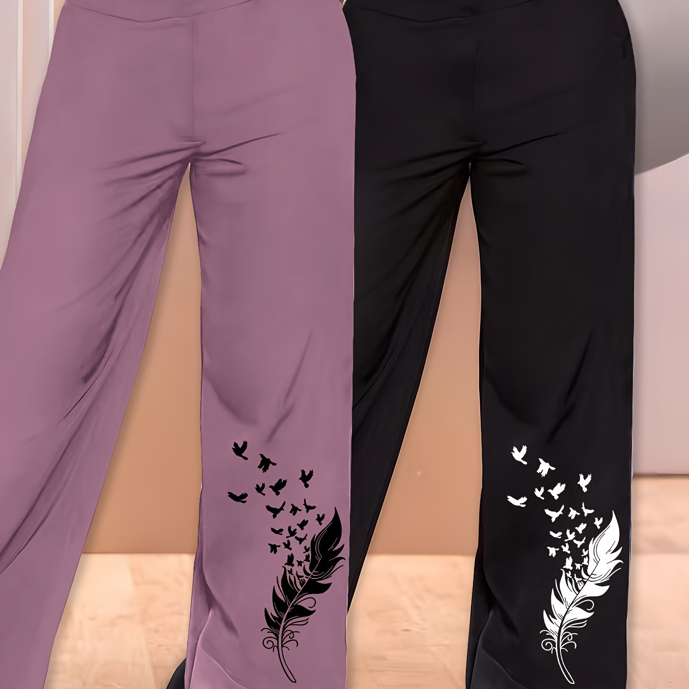 TEMU 2pcs Simple Pattern Print Women's Lightweight Comfortable Wide-leg Pants, Nk7410