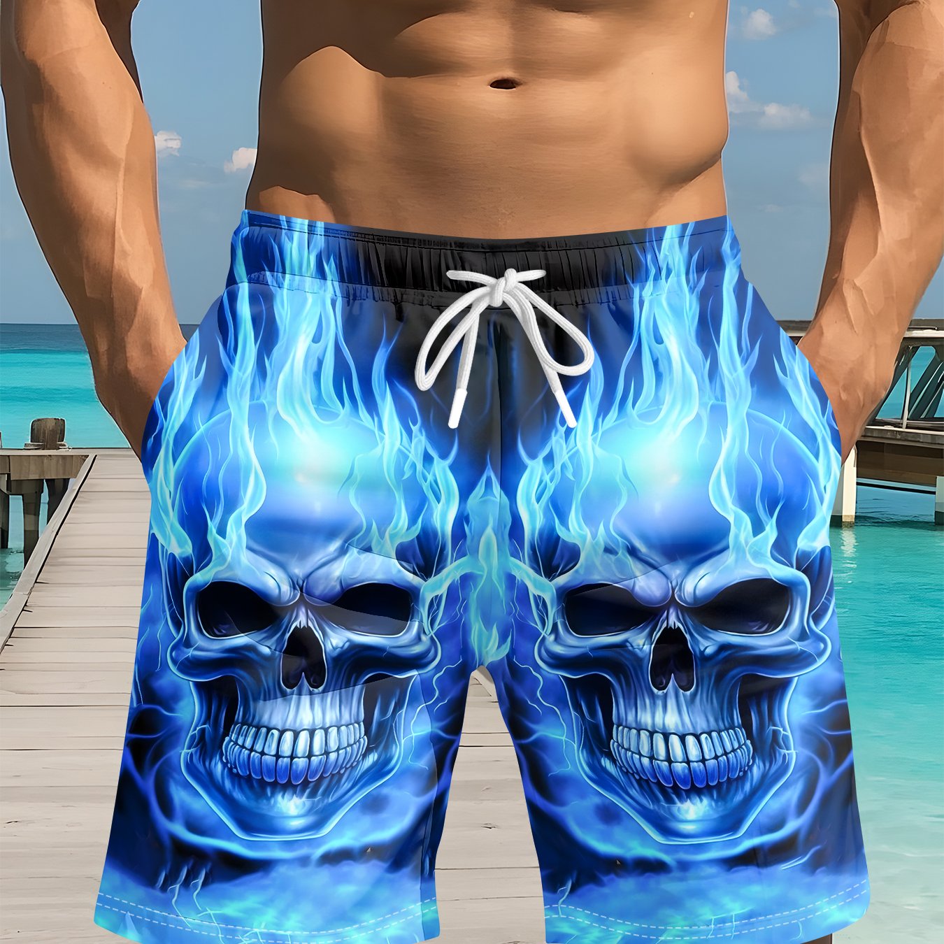 TEMU Flame Skull Beach Shorts, Dark Trendy Cool Quick-dry Shorts, Seaside Vacation Individual Casual Swim Trunks
