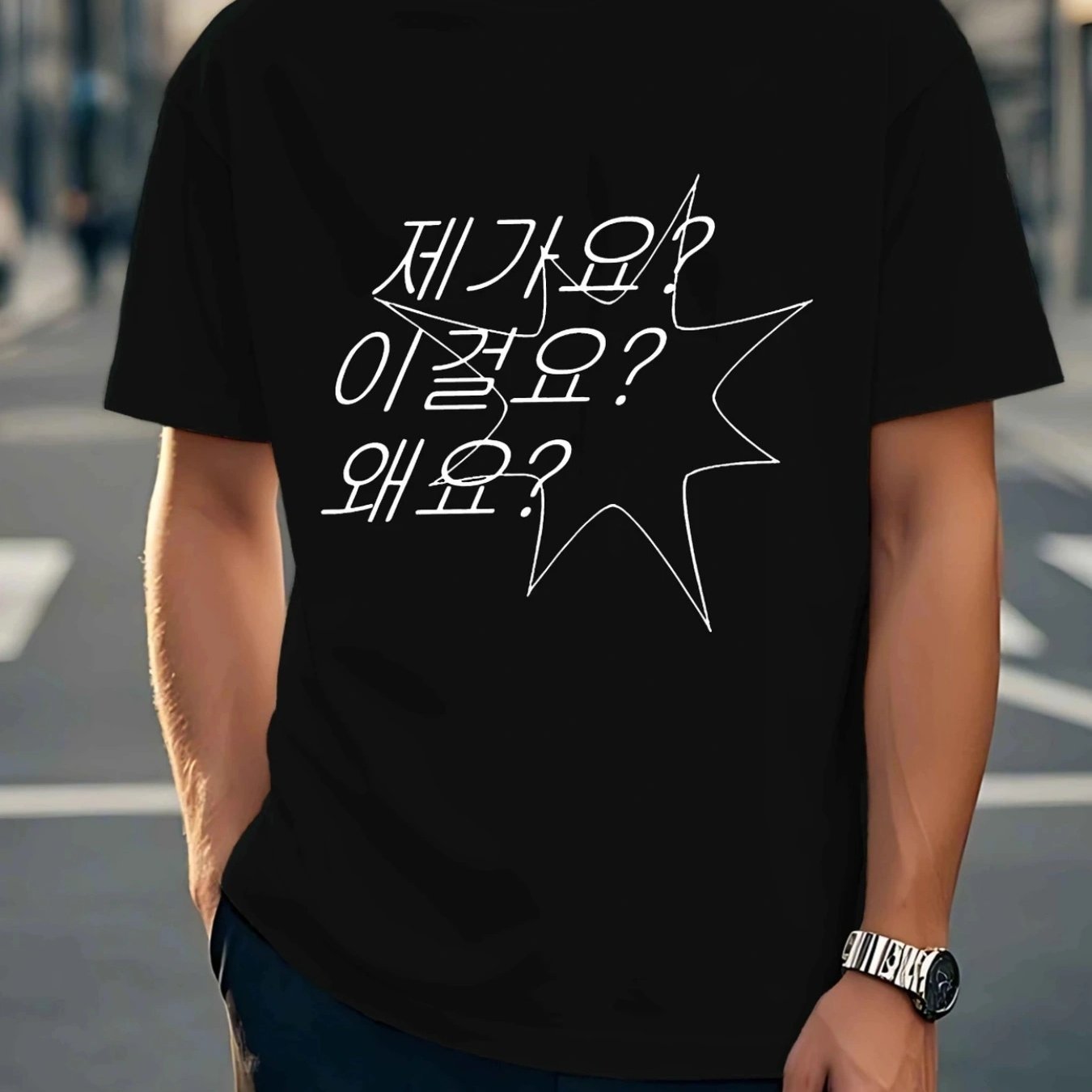 TEMU 남성 캐주얼 한국 그래픽 티셔츠 - 통기성이 좋은 반팔 티셔츠, 대비되는 블랙 프린트, 여름 야외 및 주말 착용을 위한 정규 핏, 통기성이 좋은 의류 | 대비되는 프린트 티셔츠 | 편안한 핏