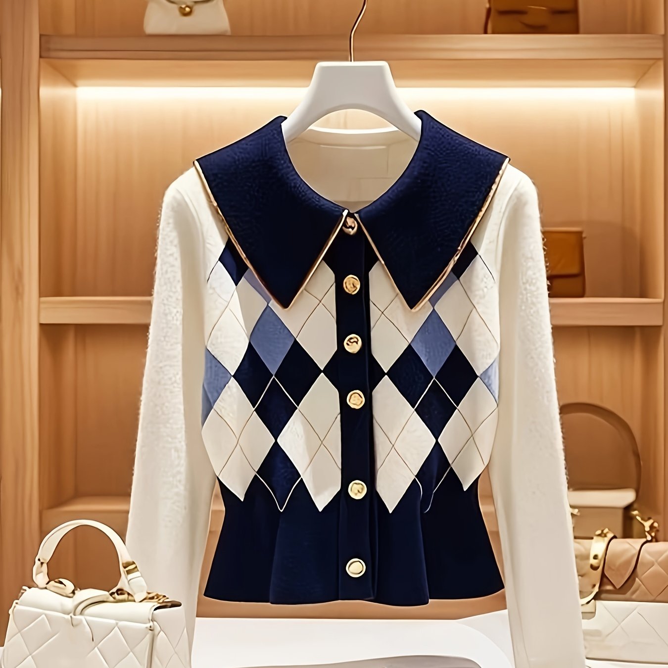 E-shop Elegante Strickjacke im französischen Stil mit Rauten-Jacquardbindung, Knopfleiste, goldener Bordüre -Revers