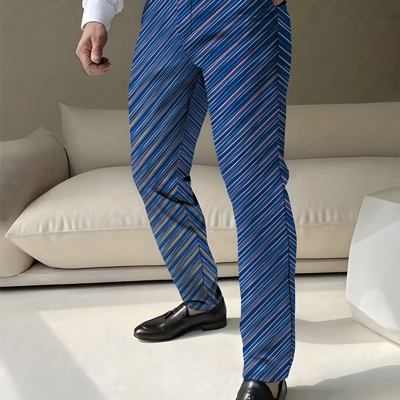 TEMU 's Dress Pants Suitable For Business And Commuting, Featuring Print With A Versatile Regular Fit. Trendy Blue Striped Abstract Pattern Suit