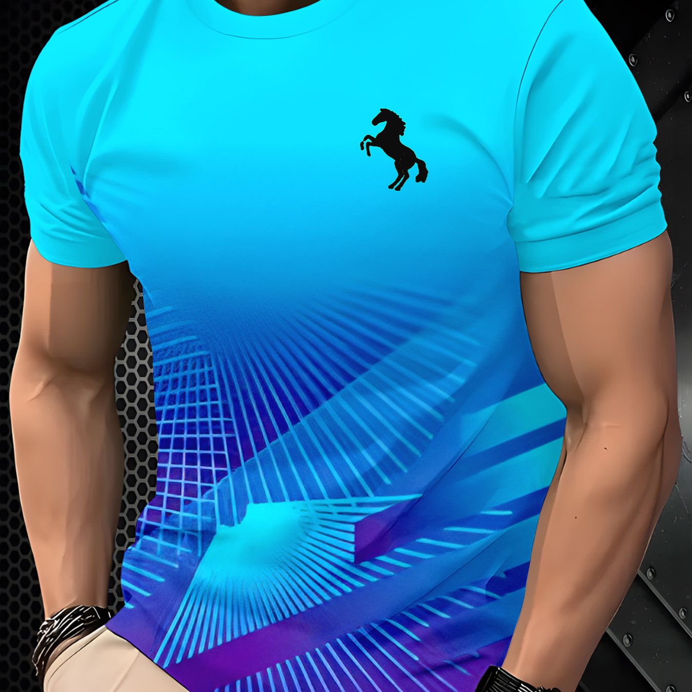 TEMU Men's Gradient Horse Print T-shirt - Gradient Ombre Tee Mane & Tail, Casual Short Sleeve Round Neck Top Suitable For Parties & Casual Attire -