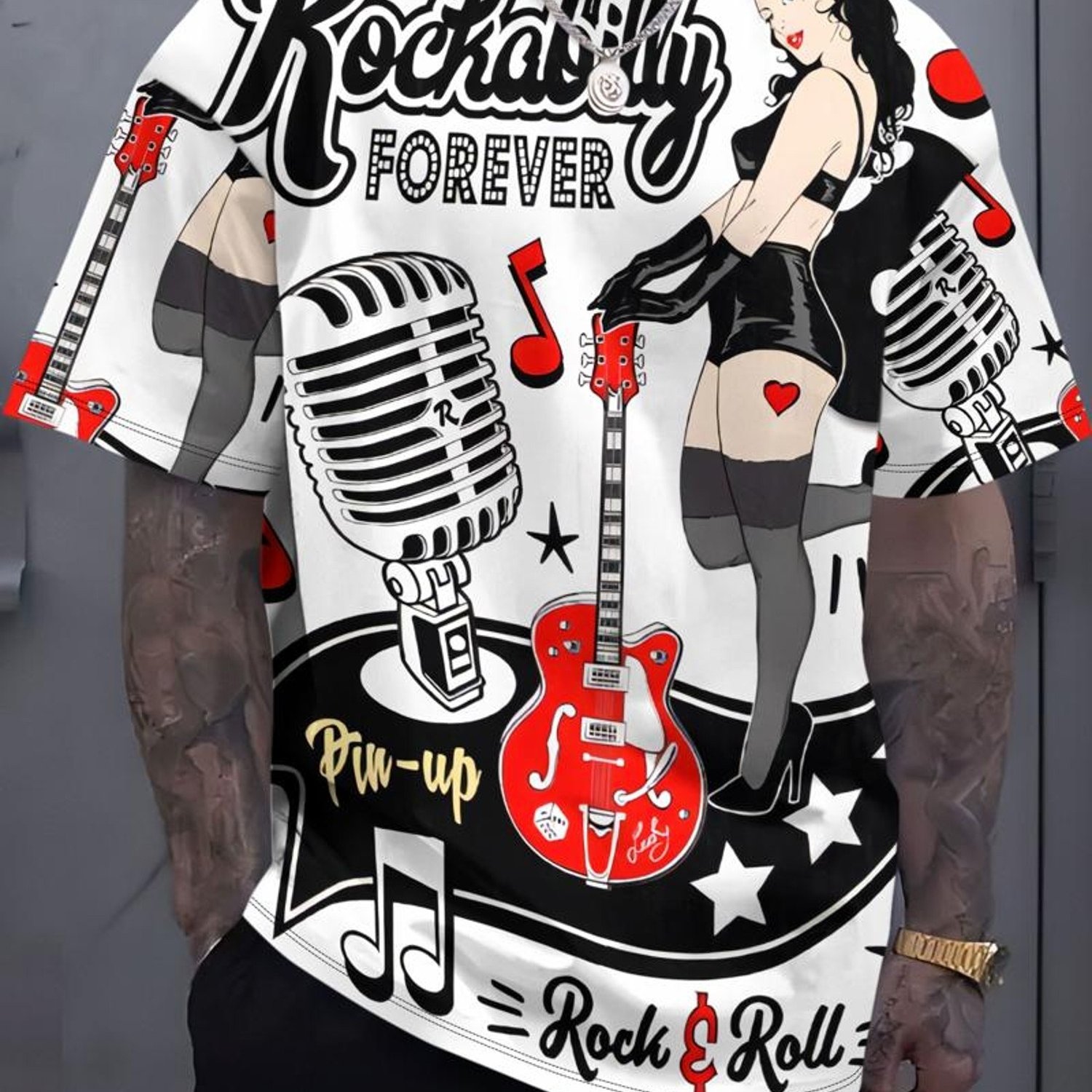 TEMU Men's Casual Round Neck T-shirt, Men's Retro Rockabilly Print Tee, Polyester Fabric, Multiple Sizes Available, Mixed Colors, Fashionable Rock