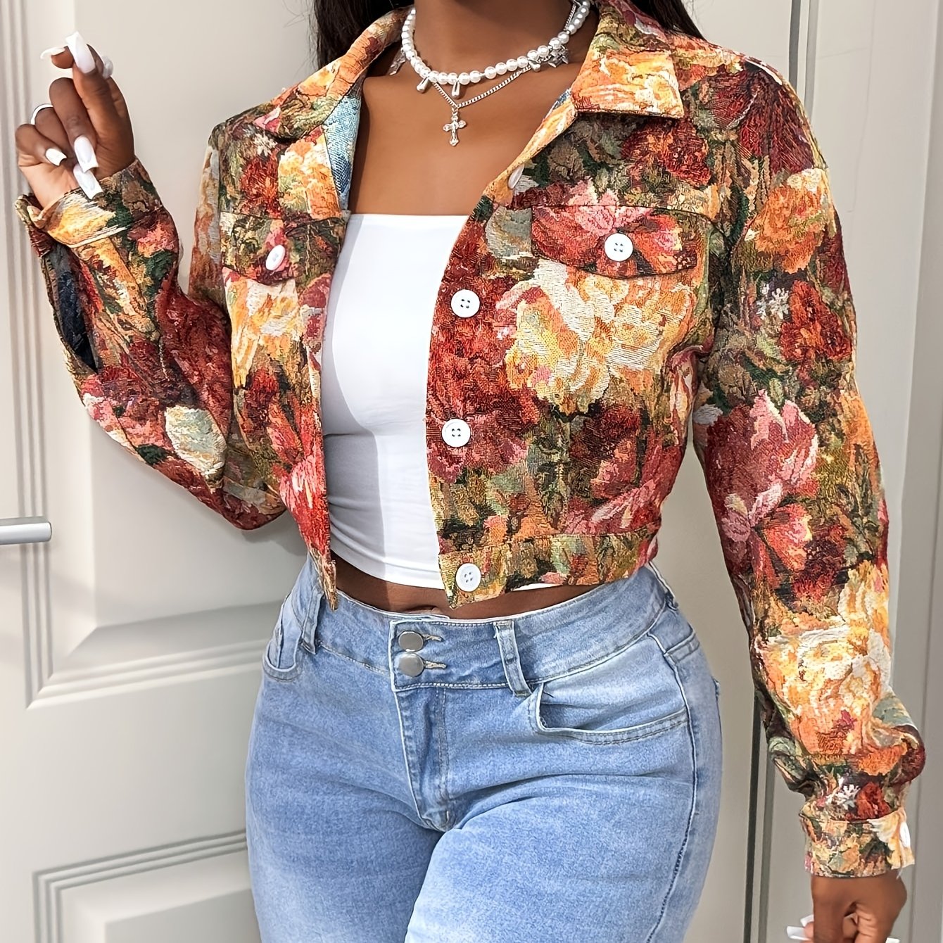 TEMU Women's Elegant Short Lapel Cardigan Jacket With Flower Embroidery & Button Front - Vintage Style Lapel Collar Short Outerwear Suitable For