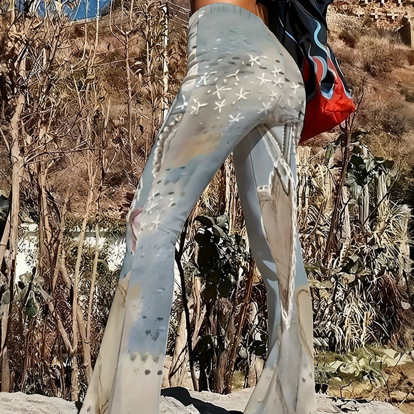 TEMU 여성용 캐주얼 고퀄리티 프린트 플레어 팬츠, 슬림핏, 바디콘, 컬러풀 플로럴 패치워크 추상 기하학 프린트, 중간 신축성 내구성 원단, 통기성 좋은 편안함, 부드러운 고퀄리티 폴리에스터 플레어 팬츠, 탄력성 있는 허리밴드, 사계절 착용, 세탁기 사용 가능,