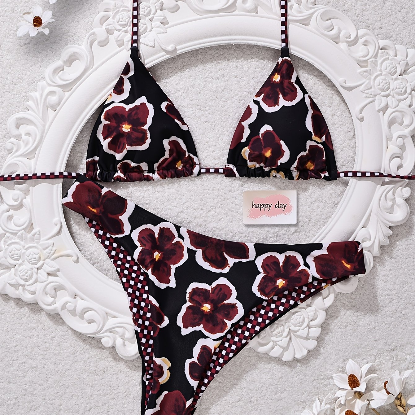 TEMU 2026 Swimsuit, Plaid And Floral Reversible Print Fashionable Elegant, Sexy Beautiful Women'-piece Bikini Set, Beach Vacation New Bikini Set