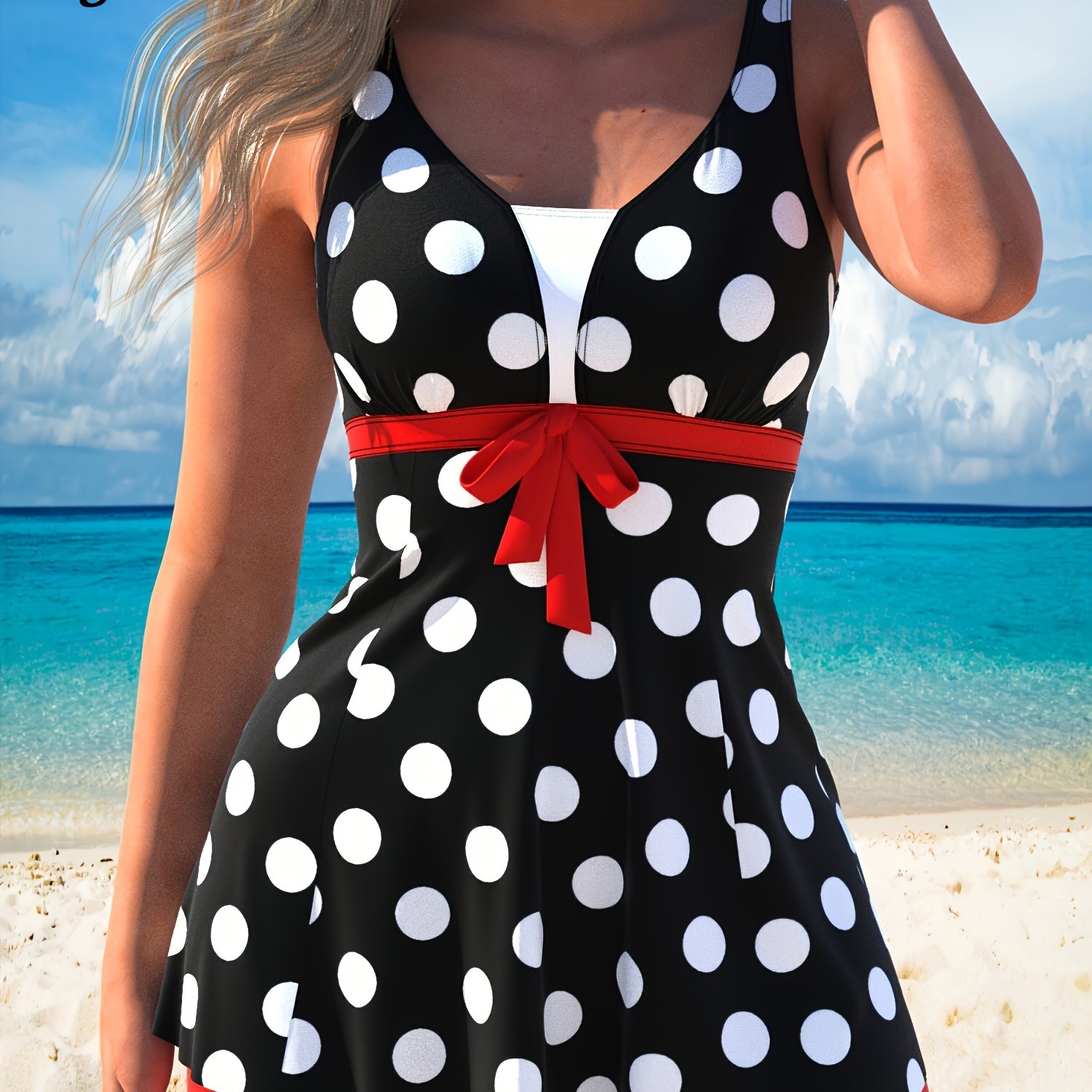 Image of 26ss Summer Trend Women's Fashion Casual Vacation Polka Dot Printed Solid Color Swimsuit Tankini Set